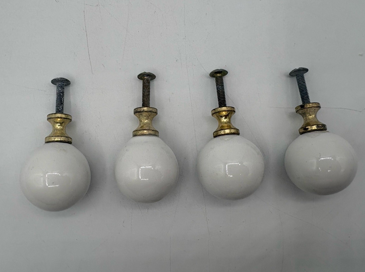 Vintage White Porcelain Ceramic Ball Drawer Pulls Brass Cabinet Knobs Lot of 4