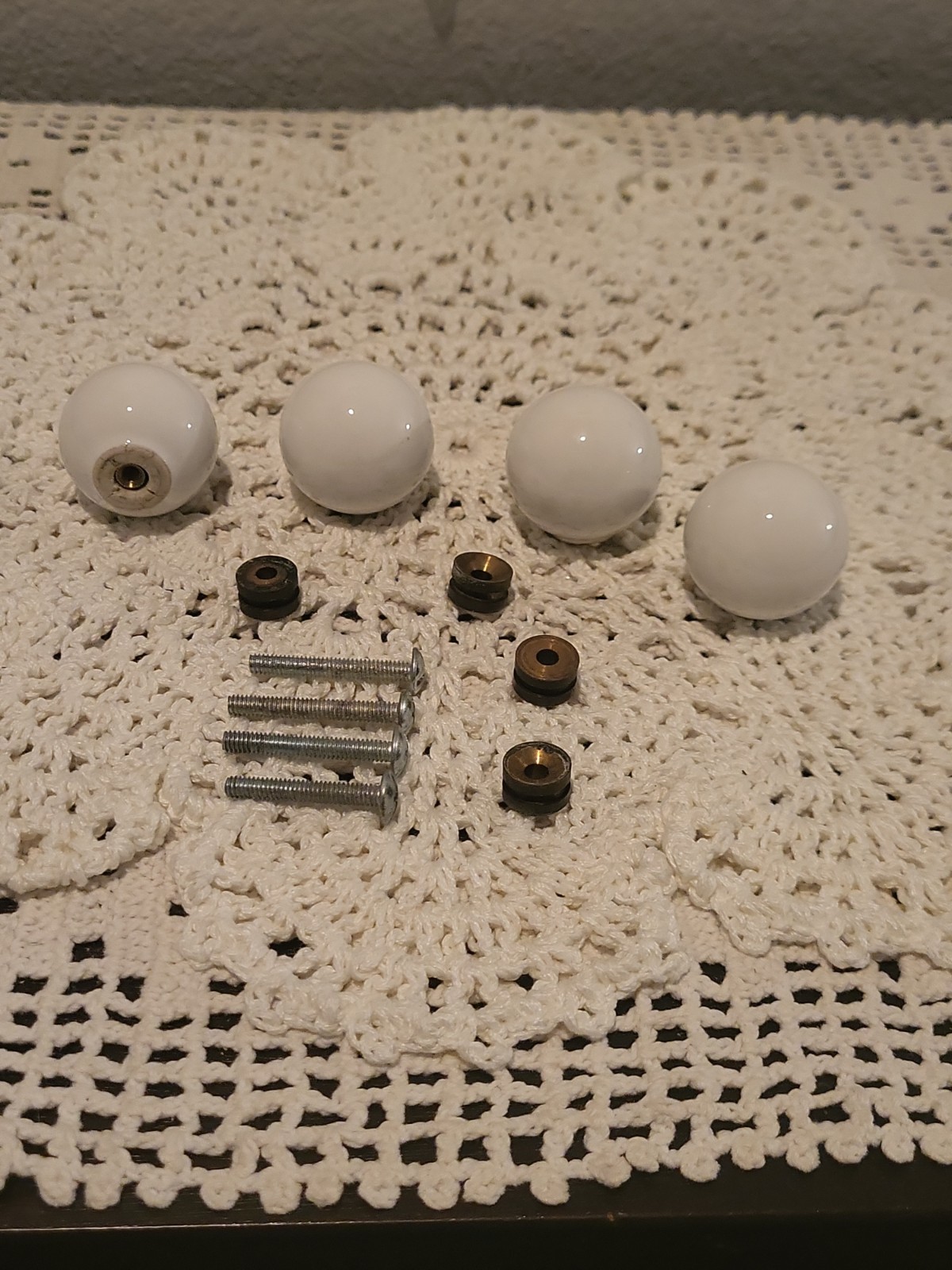Set of 4 Vintage White Ceramic Drawer Pulls Knobs + Round With Flat Bottom