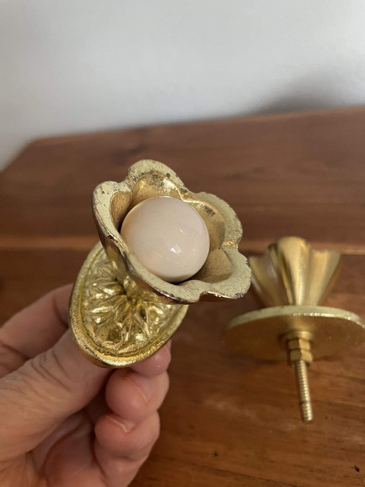 2 Vintage Mid Century Flower Drawer Pulls W/Back Plate Gold/White Ball Center