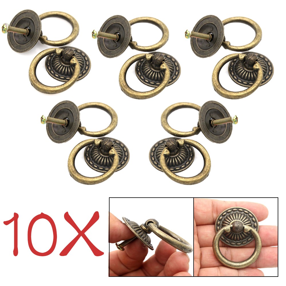 10Pcs Vintage Antique Brass Ring Pulls Handles for Cabinet Drawer New