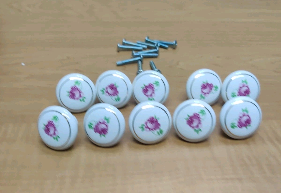 Porcelain Drawer Cabinet Pulls White Floral Roses SET of 10
