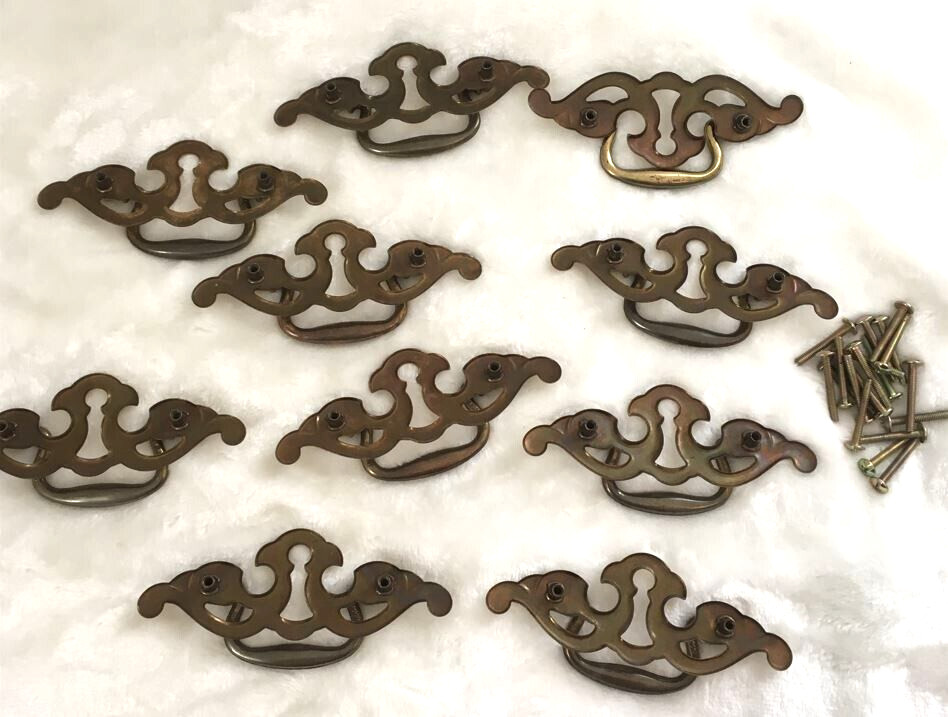 Lot of 10 Vintage Metal Faux Keyhole Drawer Pulls Dresser Drawers With Screws