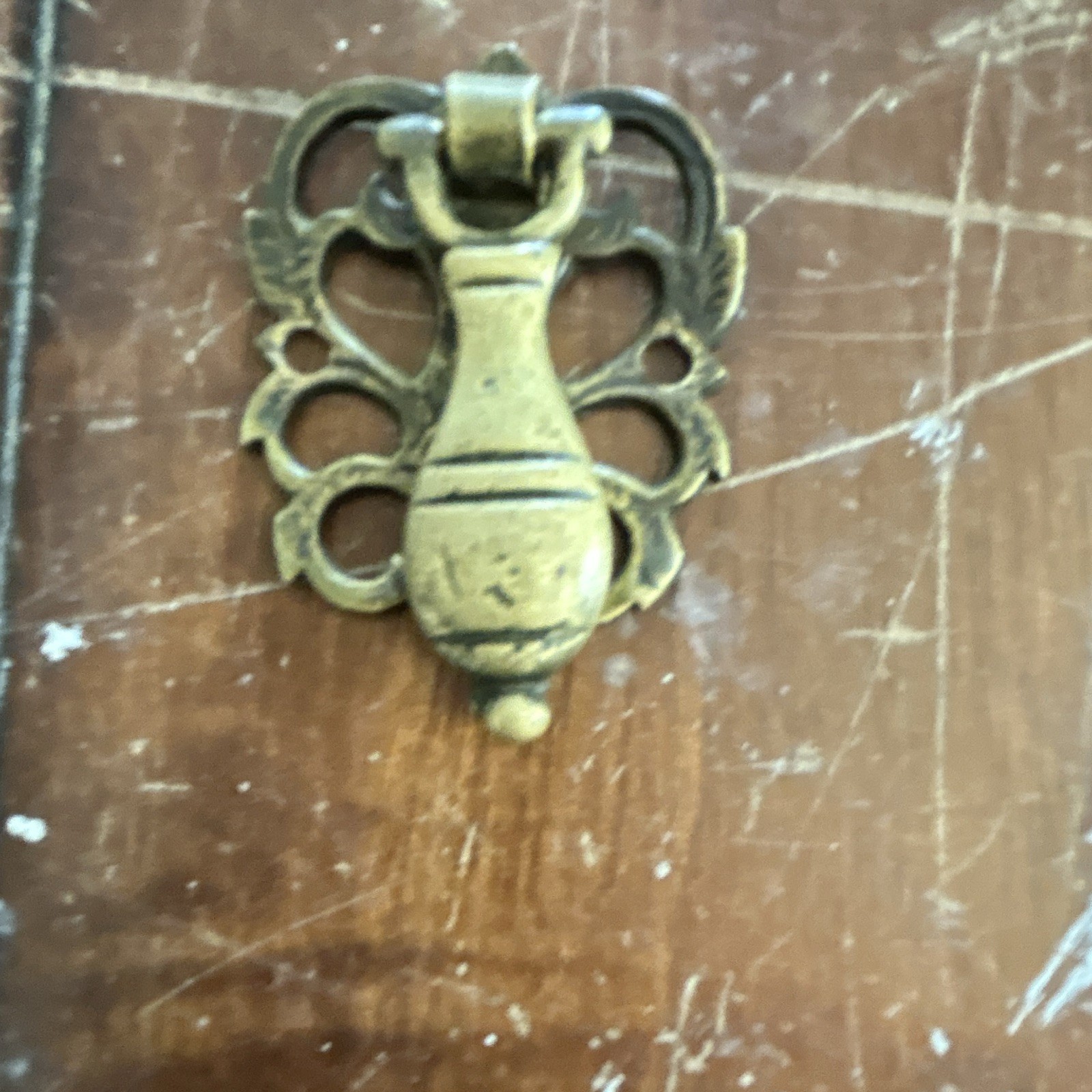 Antique Style Gold Tone Metal Bail Drop Drawer Pull w/ Ornate Backplate