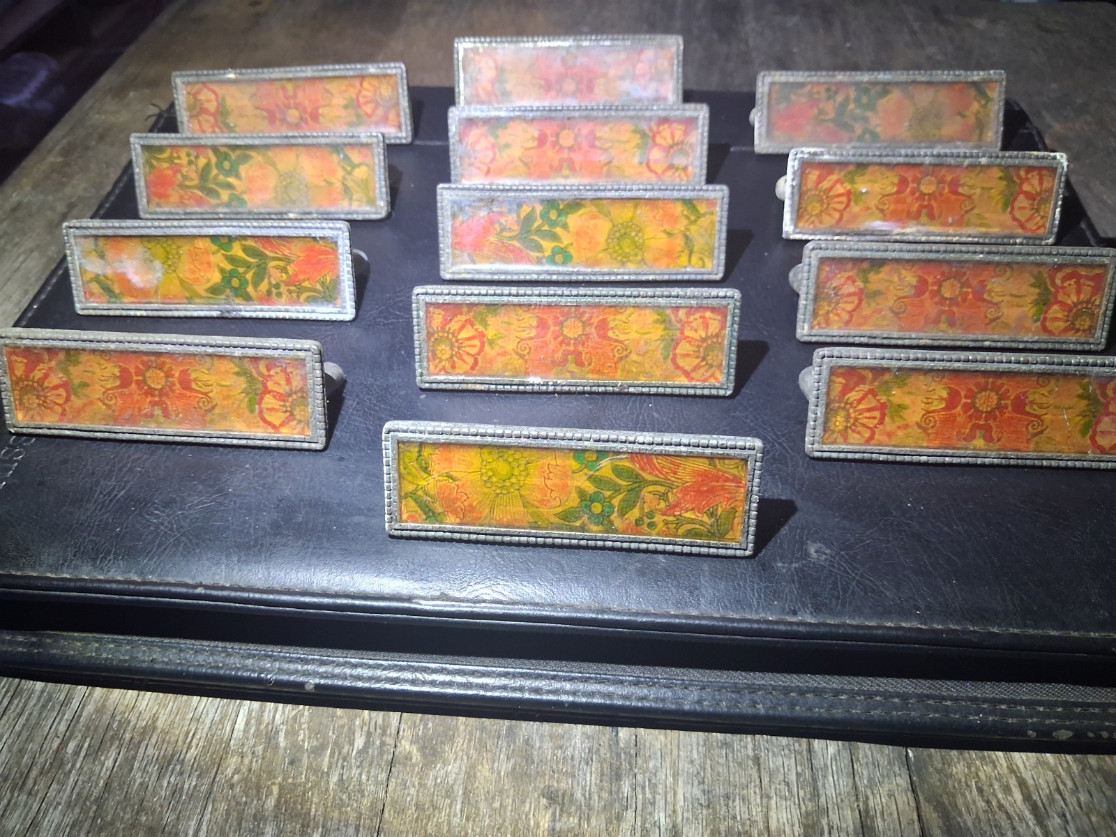 KE Rectangular Floral Metal Drawer Pulls Set of “17” Orange Green Red Salvage