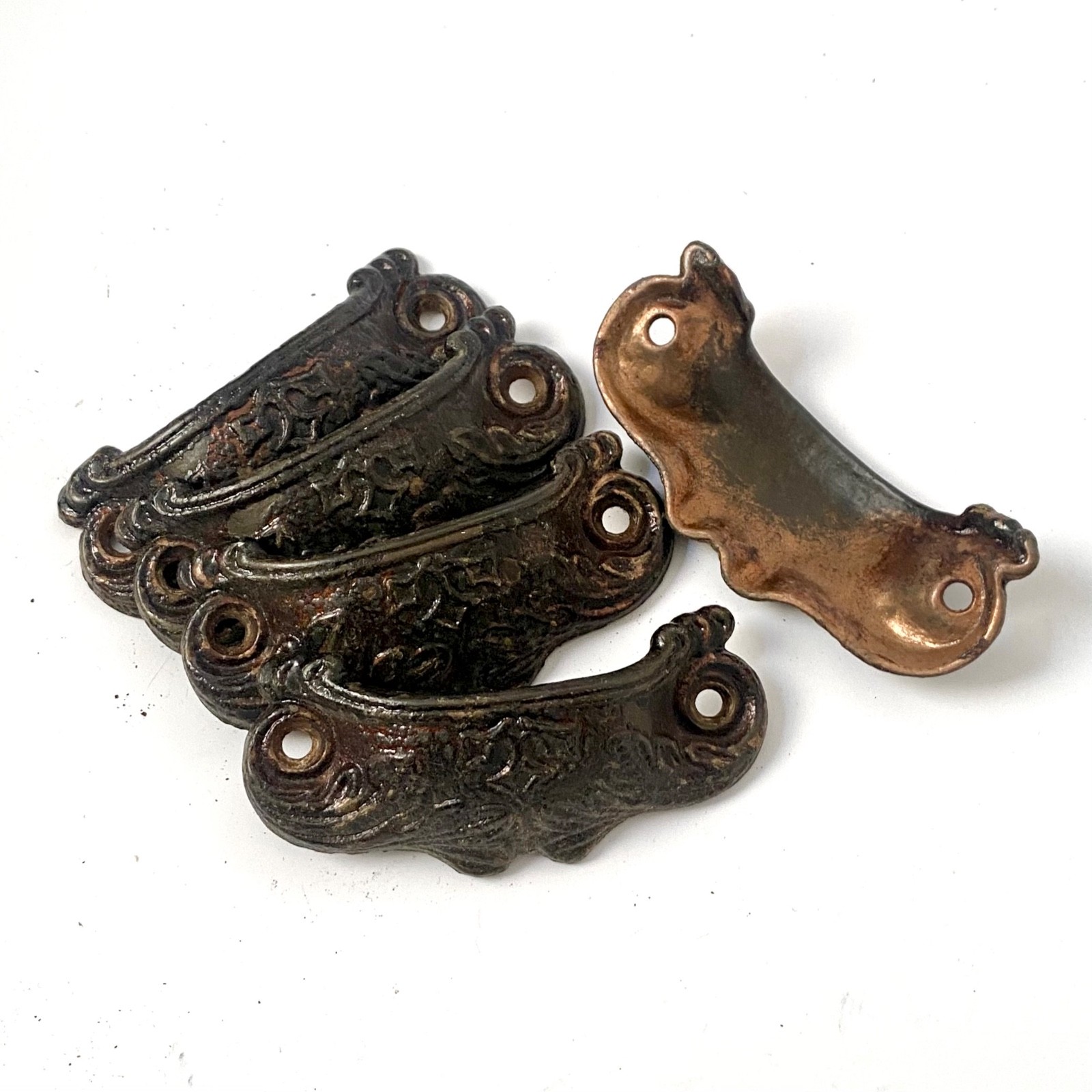 Five 3.875″ Cast Iron Drawer Bin Pulls Leaves Scrolls Reading Hardware PA c1885