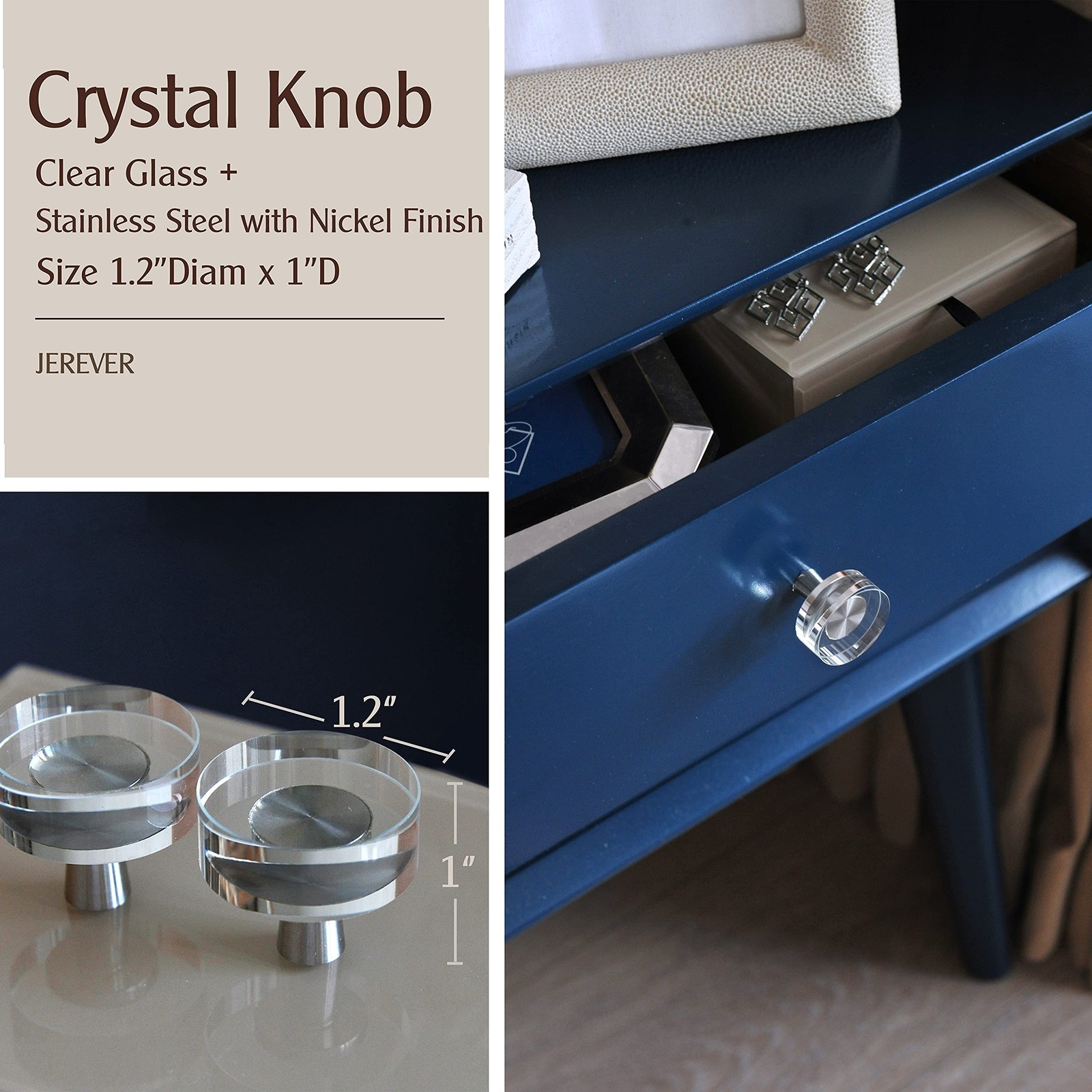 2 Pack Glass Crystal Knobs Brushed Nickel Drawer Pull Cabinet Handle for Dres…