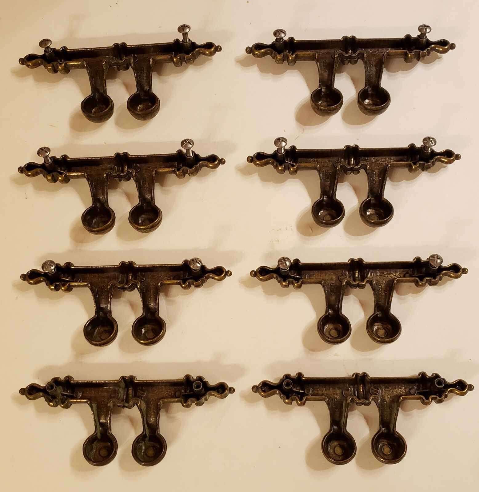 8 VTG Belwith Spindle Brass Drawer Pulls w/ Finger Cups 4″ Post Mounts 6″Long