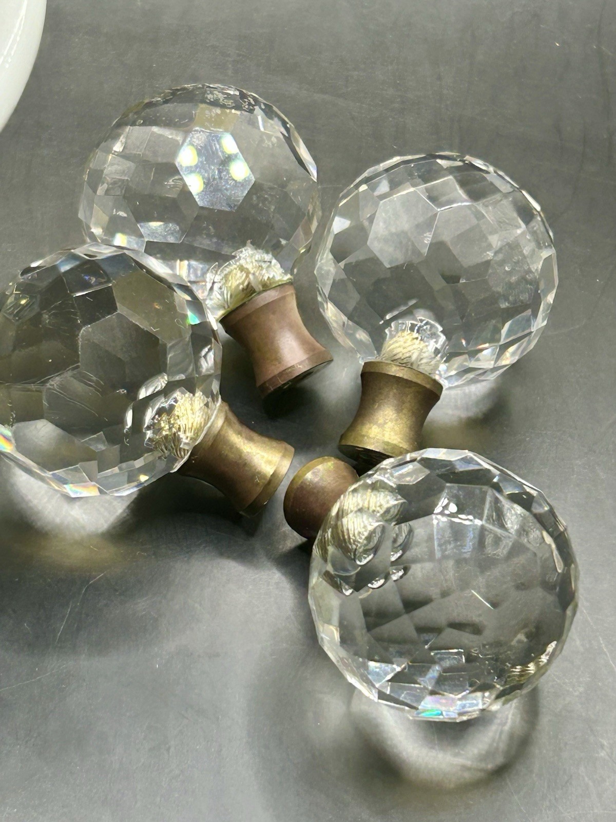 (4) Vintage Round Crystal Faceted Lamp Finials Drawer Pull Knobs/Brass Finish