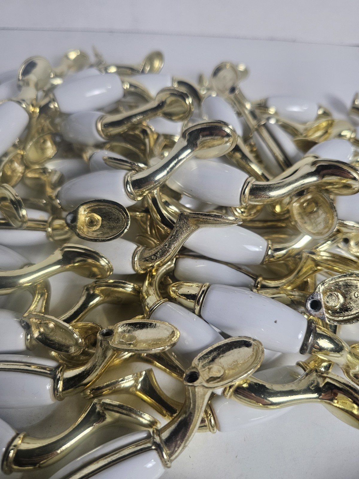 Vintage Drawer Pulls Lot Of 67 White Porcelain & Brass Tone