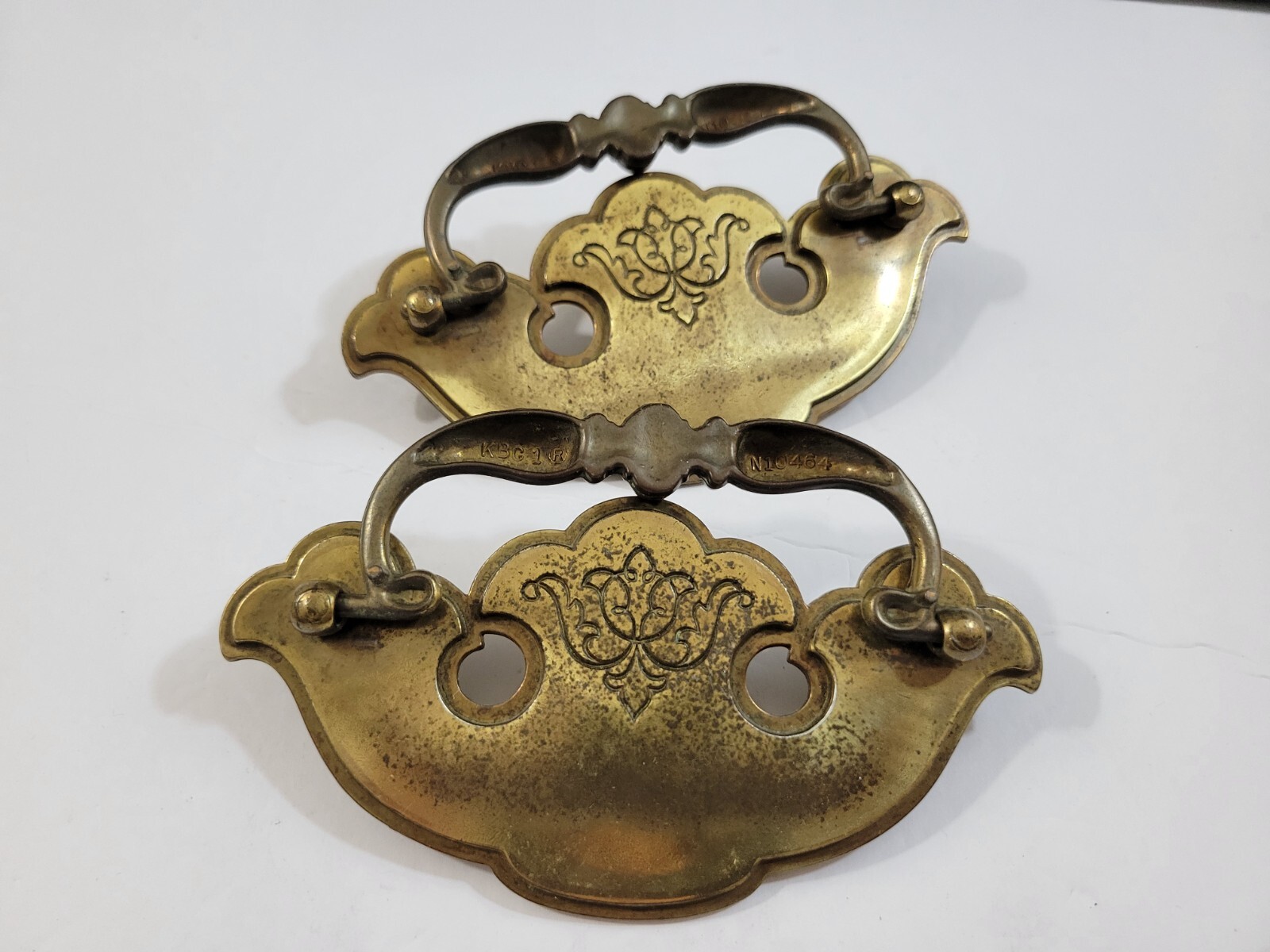 2 Keeler Brass Chippendale Style Brass Bail Drop Drawer Pulls Patina Worn As Is