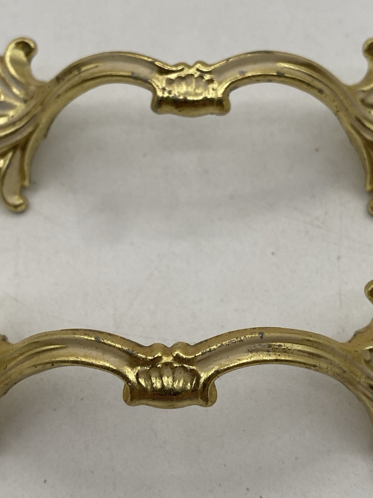 PAIR Vintage MCM Ajax Drawer Pulls Handles Scroll White Gold Ornate Hardware 990