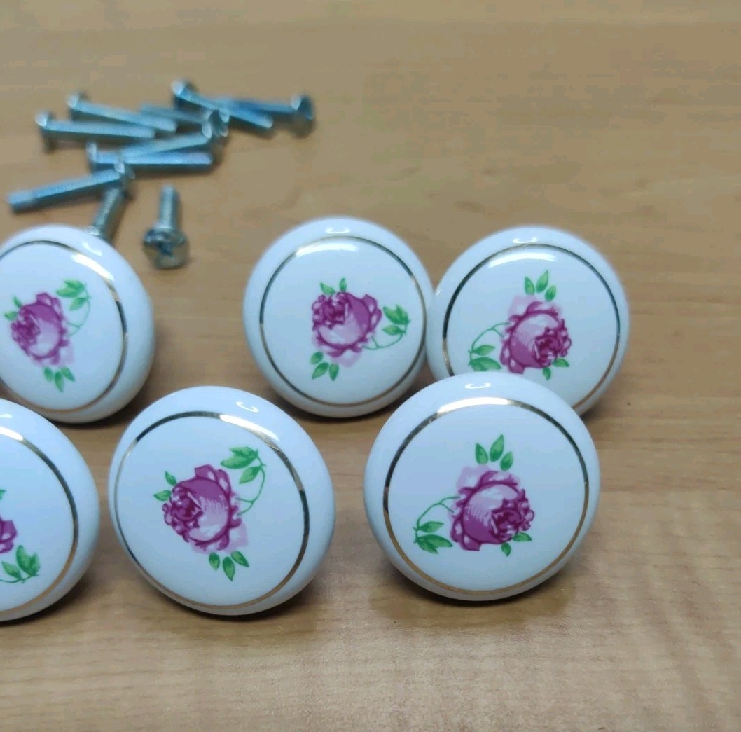 Porcelain Drawer Cabinet Pulls White Floral Roses SET of 10