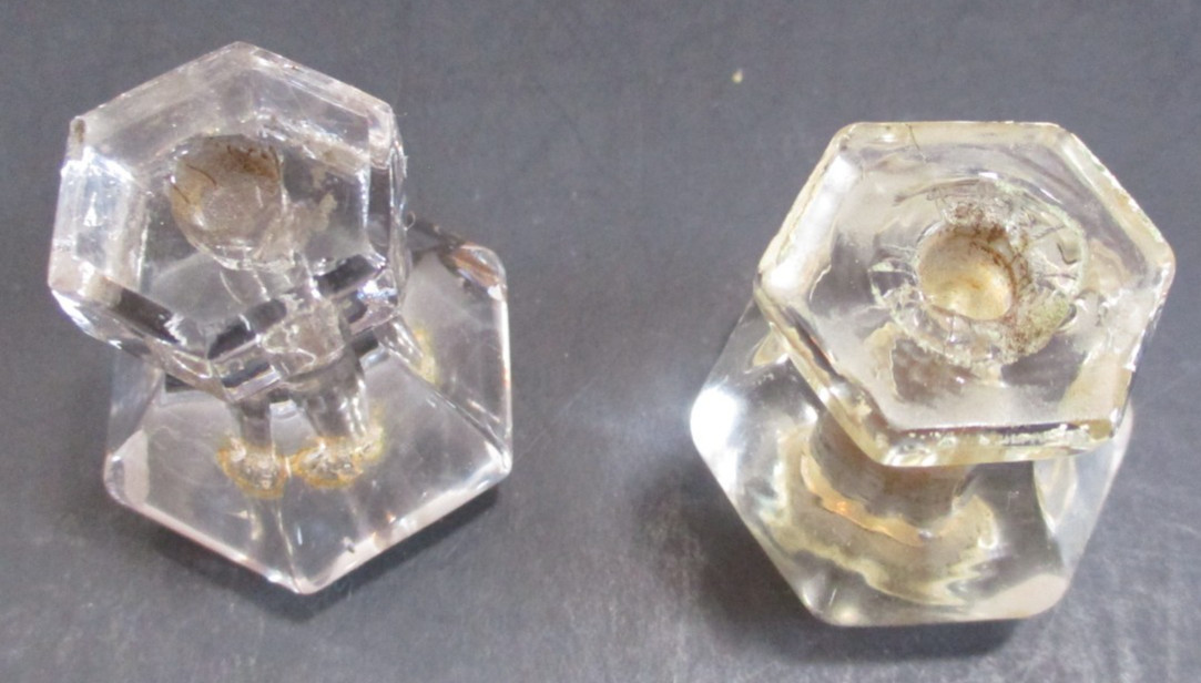Hexagonal Clear Glass Drawer Knobs 6 Sided Dresser or Cabinet Pulls Salvage 6 PC
