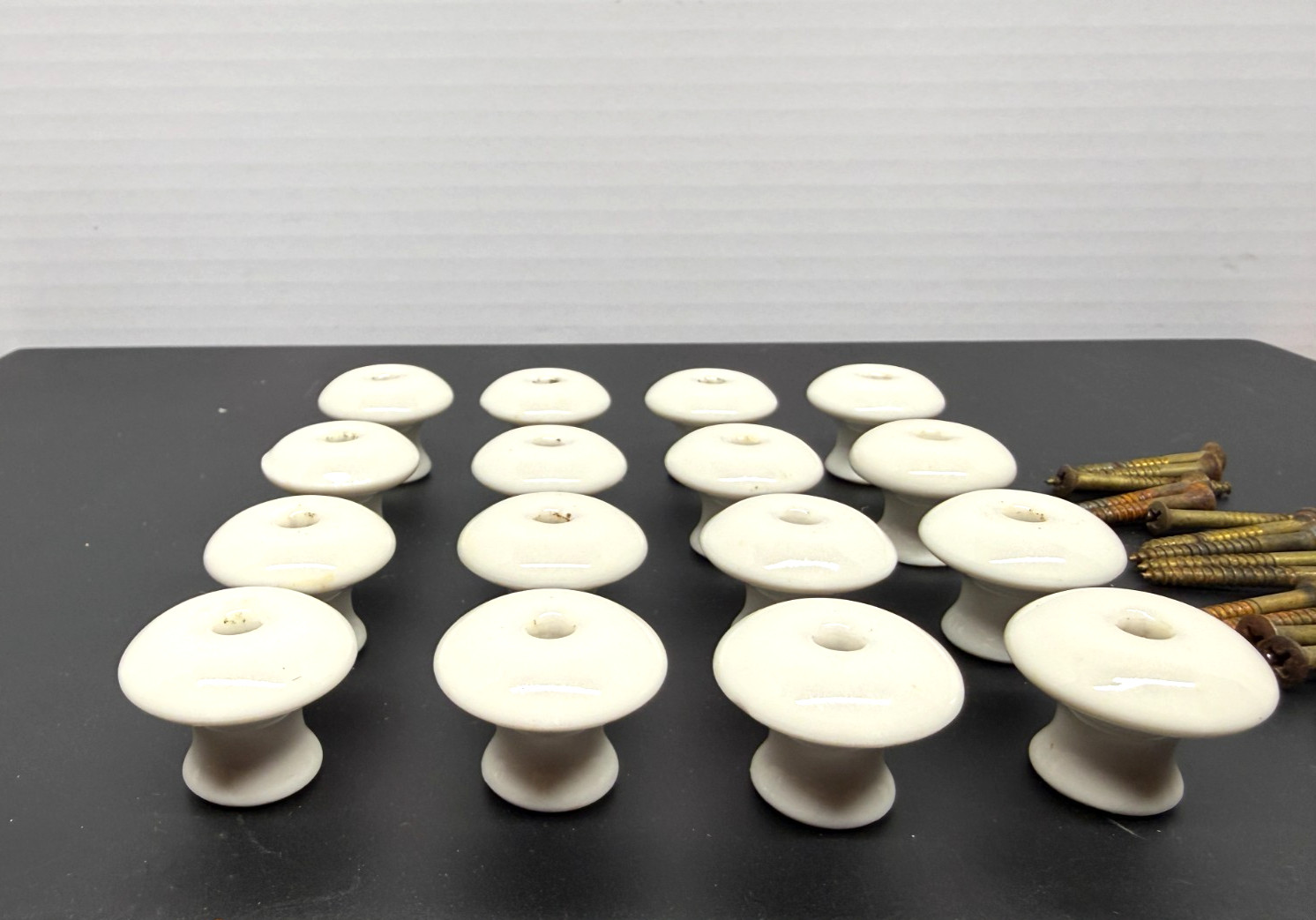 Group of 16 Vintage White Porcelain Pull Drawer Knobs w/ Screws 1-1/4″ Wide