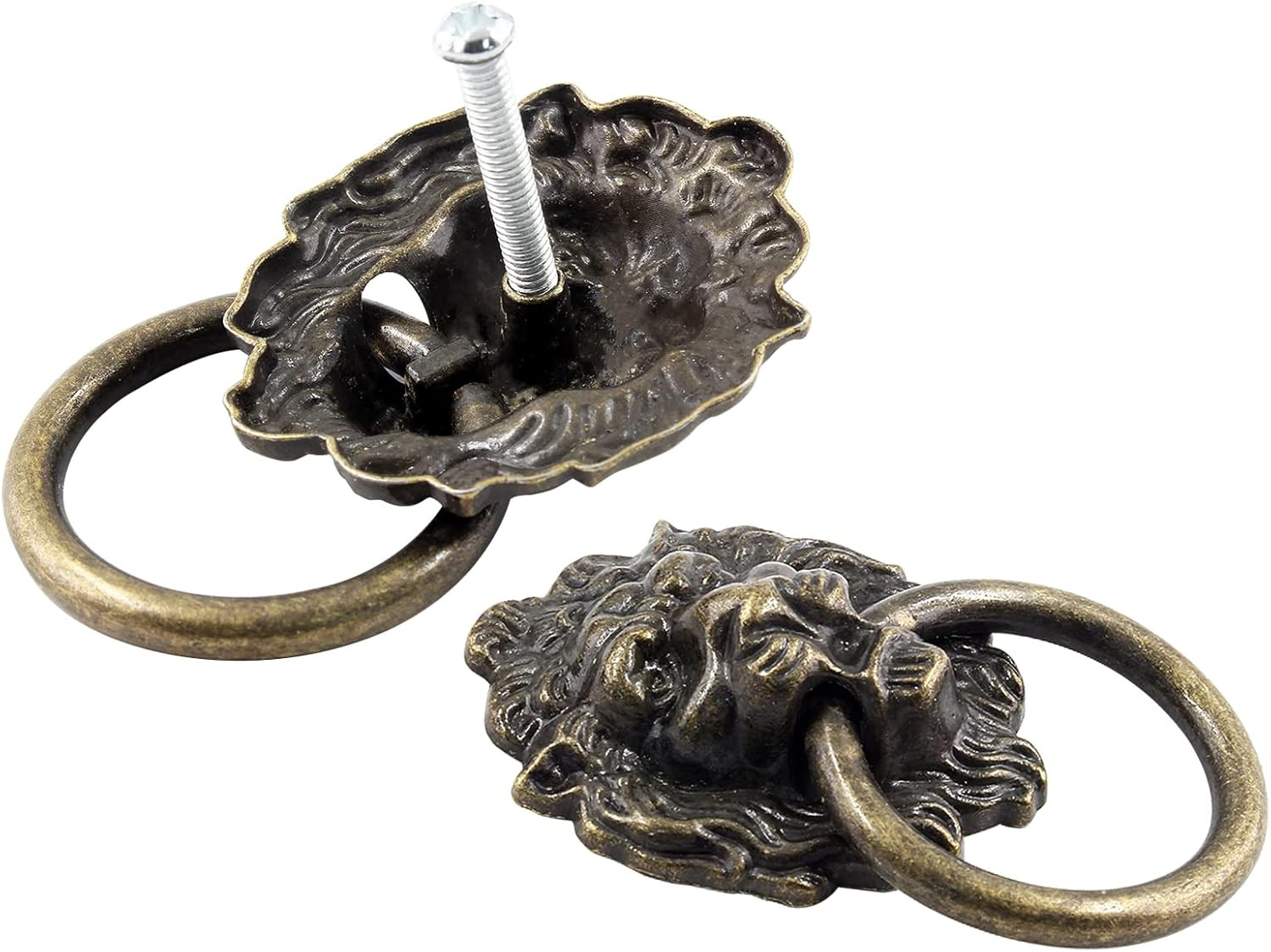 6 Pcs Lion Head Knobs Pull, Antique Bronze Ring Pull Handles for Dresser Drawers