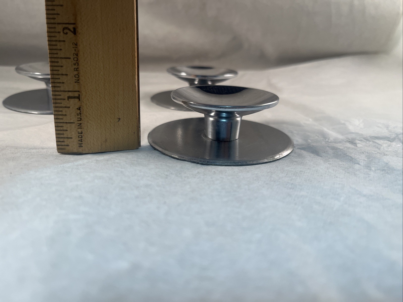 4 Vintage AJAX Shiny Chrome Beveled Concave 2″ Round Knobs & 2.75” Back Plates