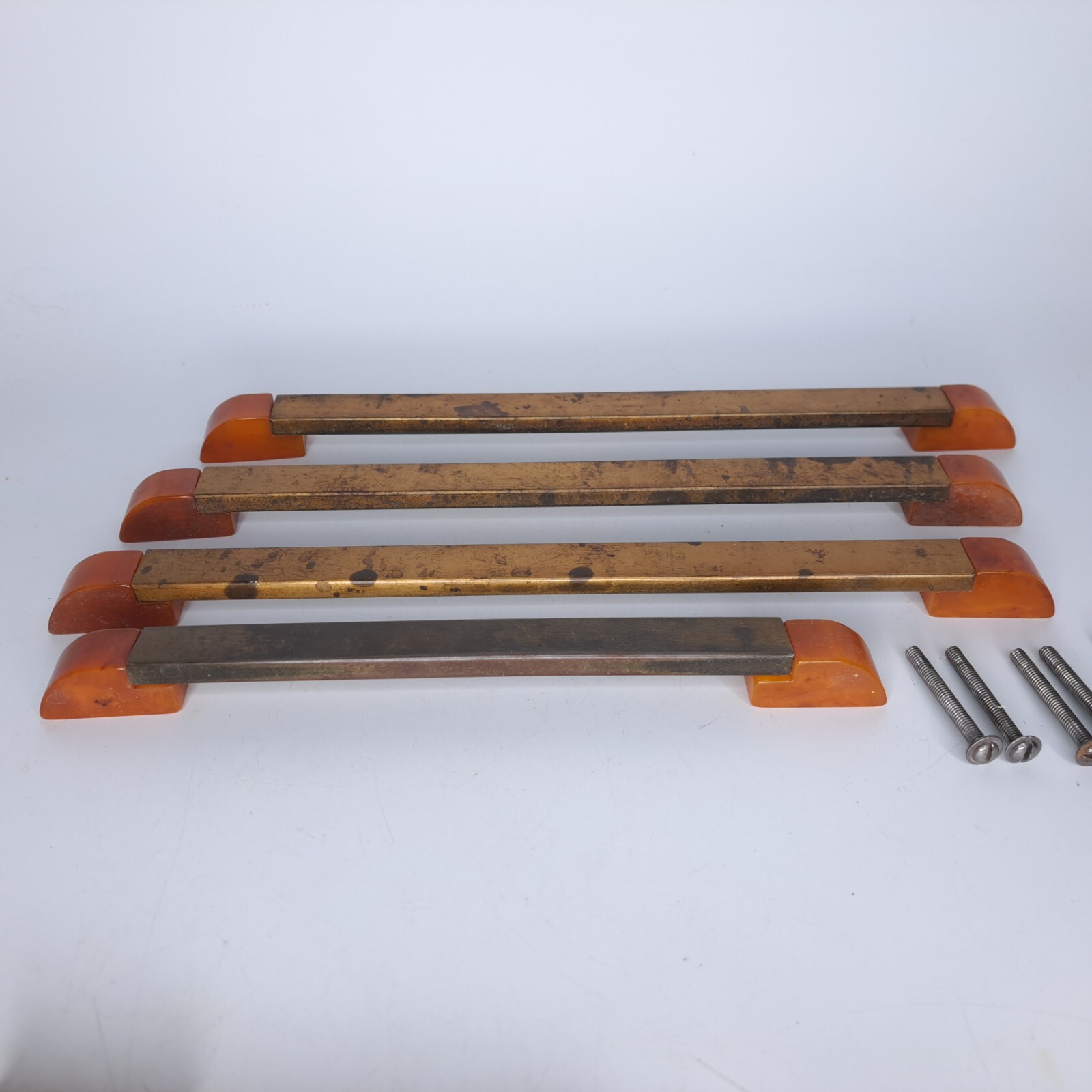 4 Antique ART DECO Butterscotch Bakelite Brass Plated Bar Drawer Pulls Reclaimed