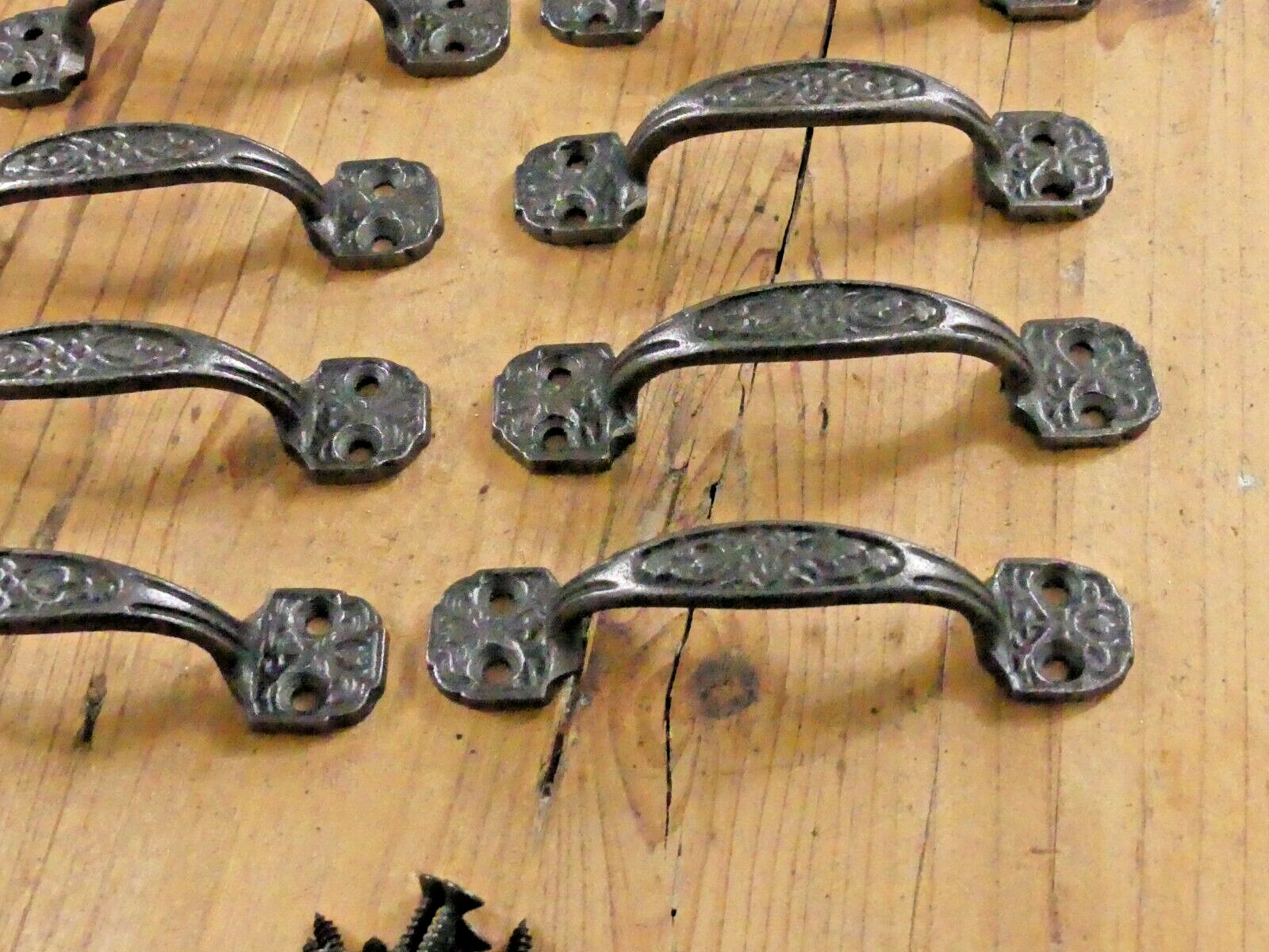 10 Small Drawer Pulls 4 1/4″ Window Antique Vintage Style Ornate Cast Iron Grasp