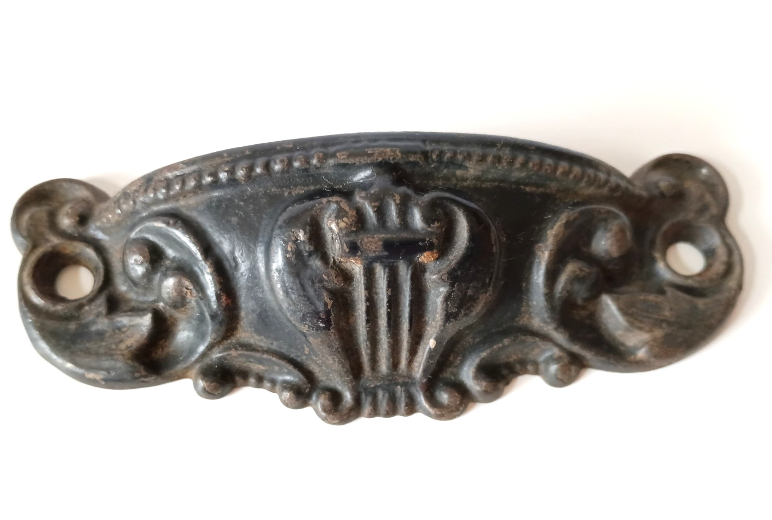 Vintage Cast Iron Bin Drawer Pulls Lyre Set of 4 Cabinet Handles 3-1/2″ CTC