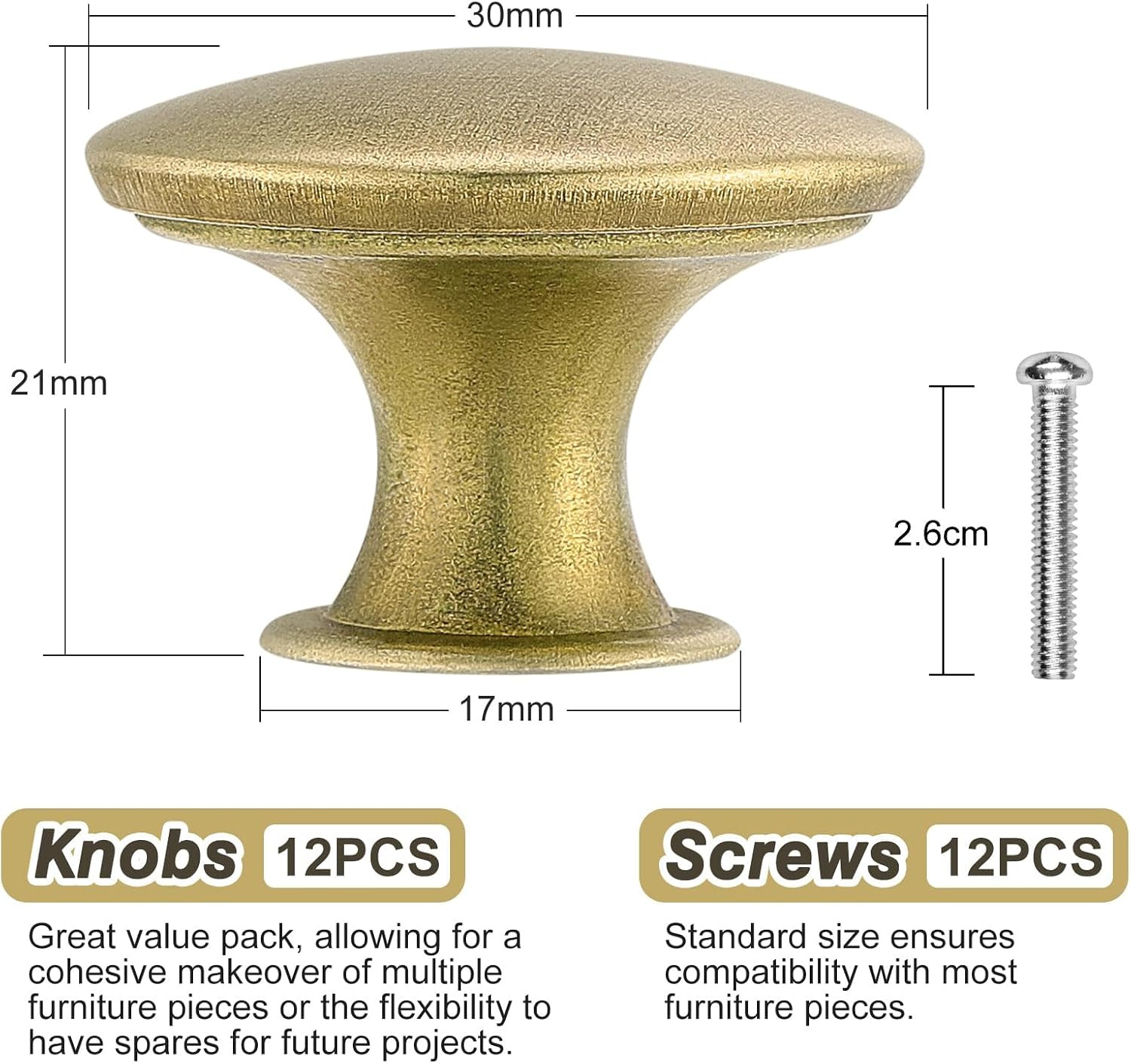 Vintage Cabinet Knobs, 10-Pack Round Drawer Pulls, Antique Brass