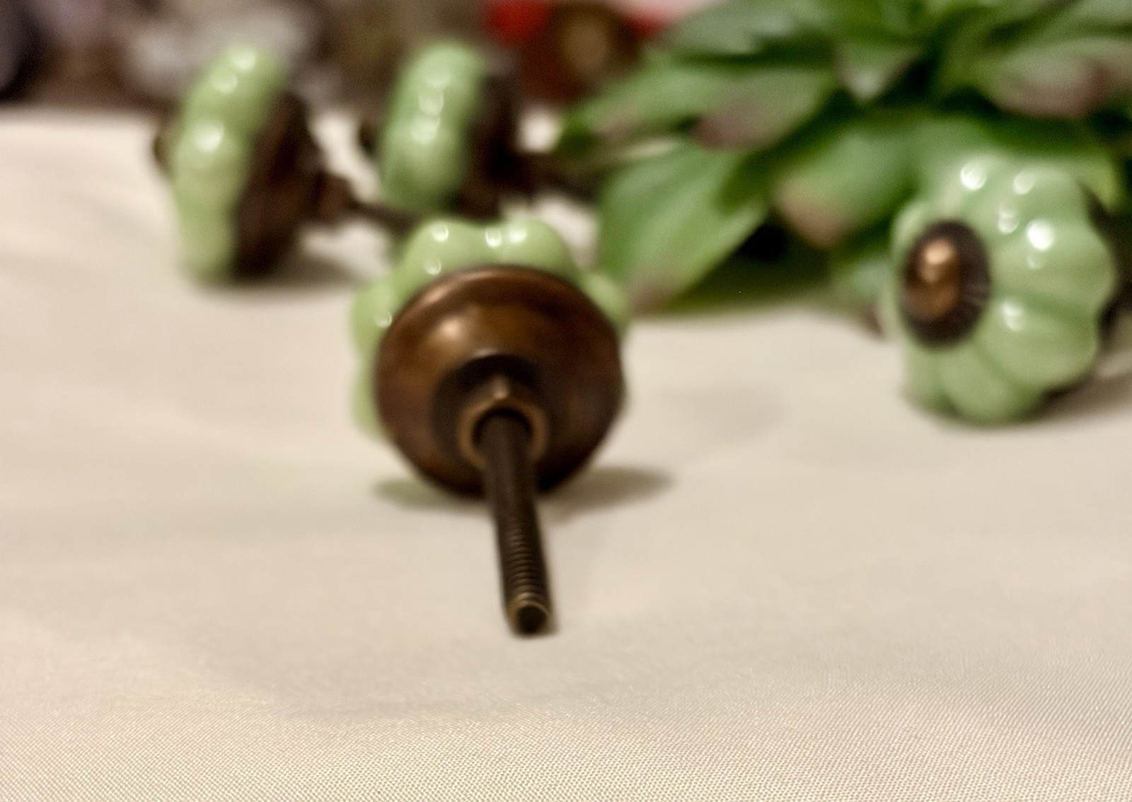 4 Antique Ceramic Drawer Pulls Green Flower Door Kitchen Cabinet Knob