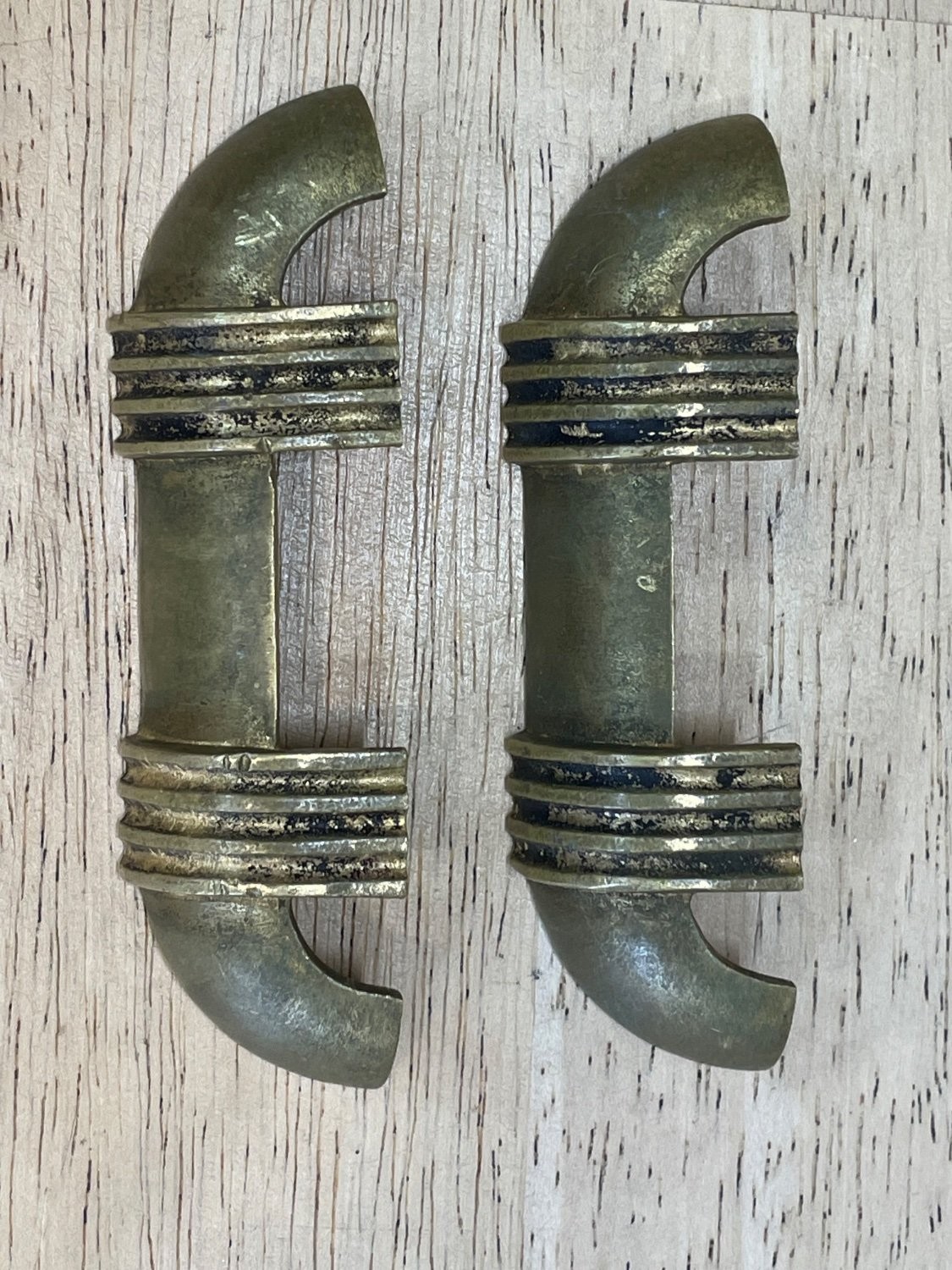 Vintage Art Deco Brass Drawer Pulls Set of 2 Ribbed Streamline 3 Inch 1535