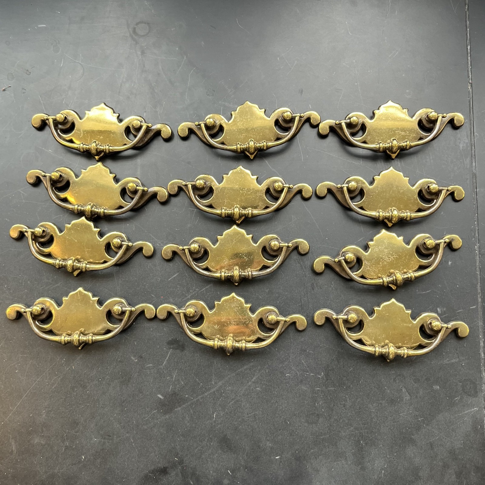 Lot of 12 Chippendale Batwing Brass Drawer Pulls with Handles Attached Salvaged