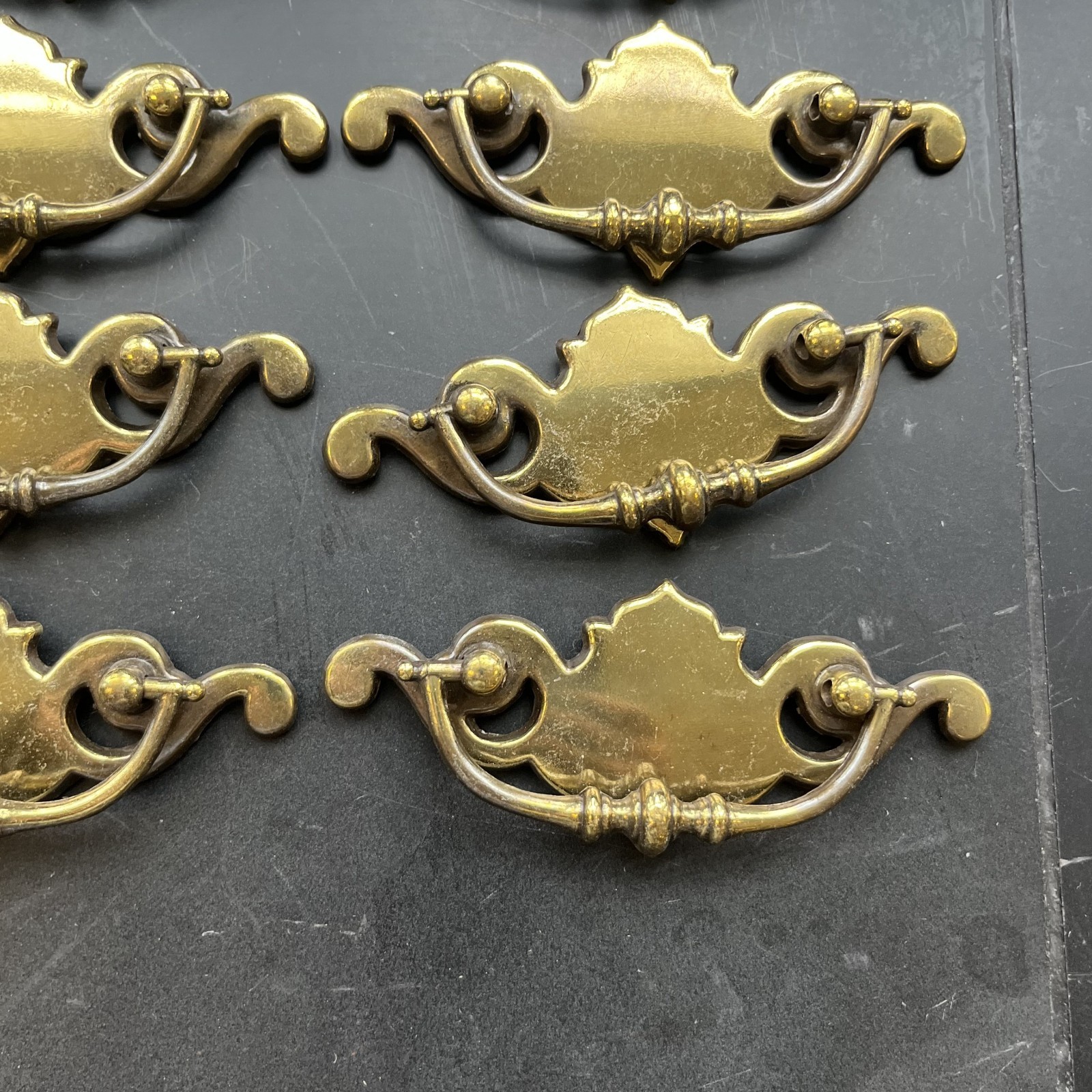 Lot of 12 Chippendale Batwing Brass Drawer Pulls with Handles Attached Salvaged