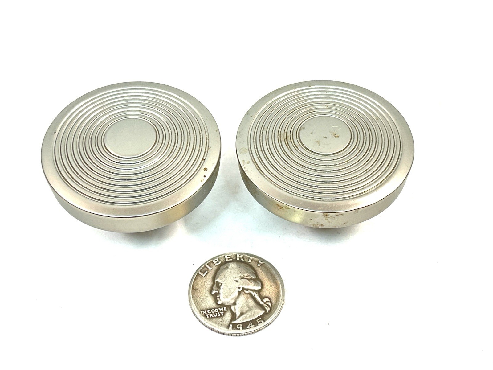 Pair NOS 1.75″ MCM Rings Nickel Drawer Pull Door Knob KBC Brass record cabinet