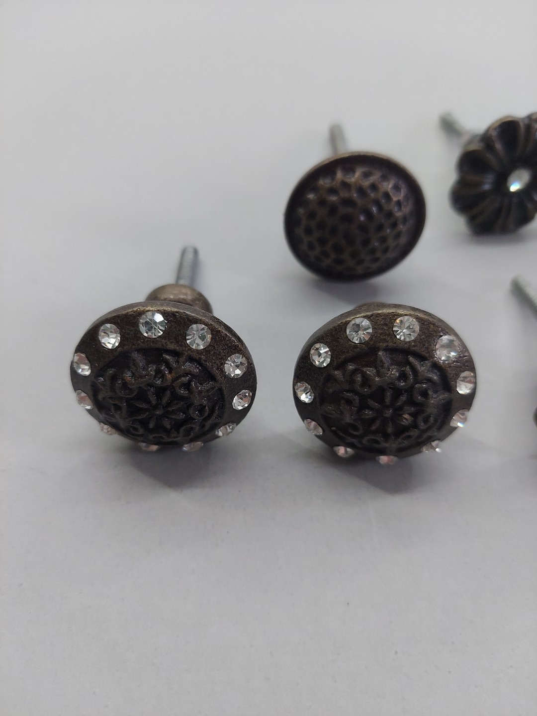 Lot 8 Metal Knobs Drawer Pulls Ornate Floral Embellished Brown Rhinestone