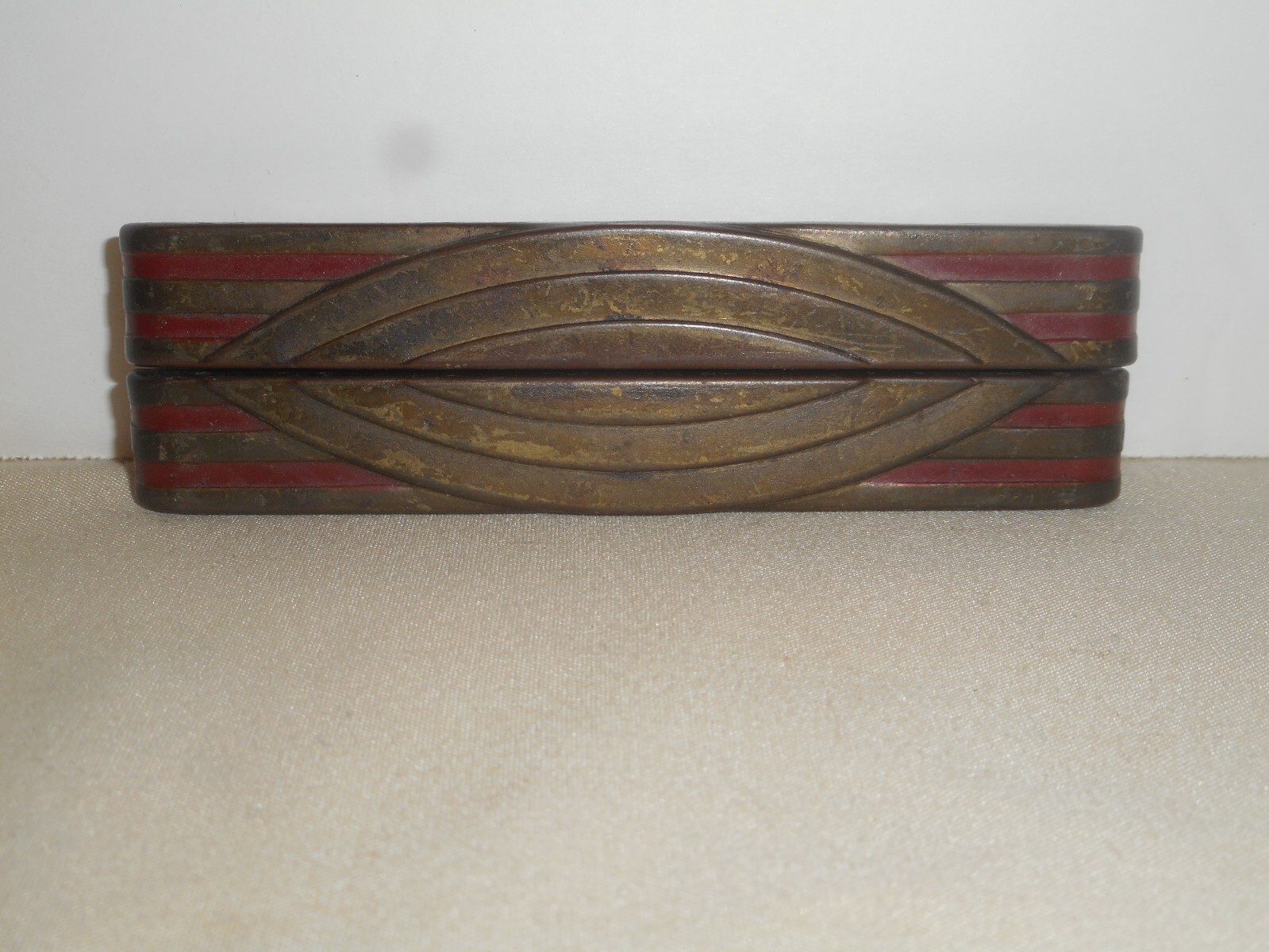 Antique ART DECO Dresser Drawer Pulls Pressed Metal WATERFALL ARCHES Red Paint 4