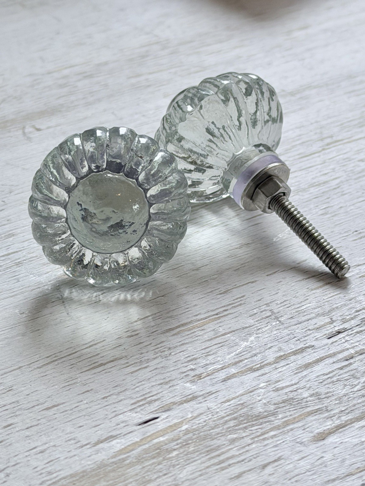 Two Vintage Glass Floral Cabinet Pulls Knobs Bathroom Kitchen Knobs Clear Glass