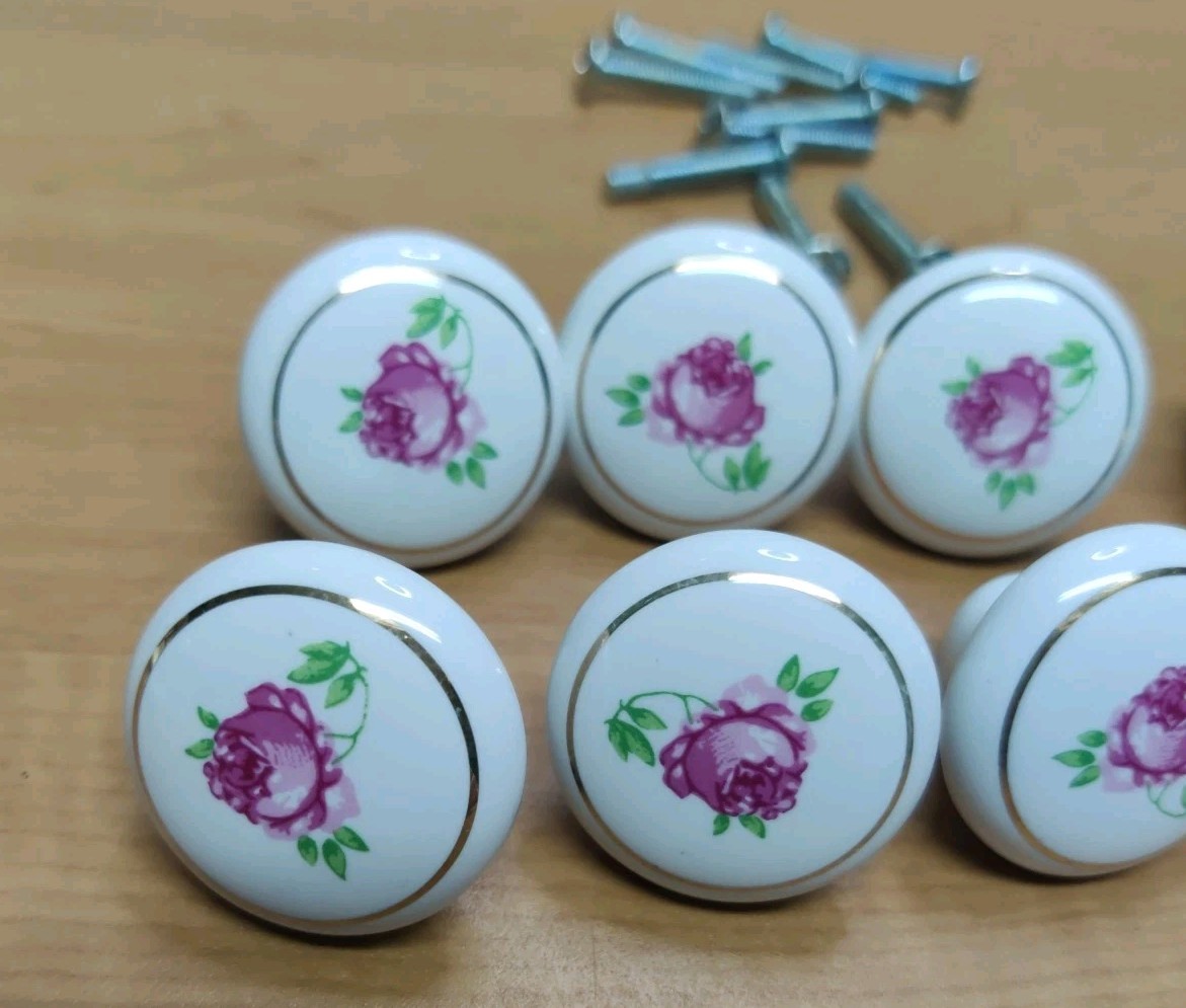 Porcelain Drawer Cabinet Pulls White Floral Roses SET of 10