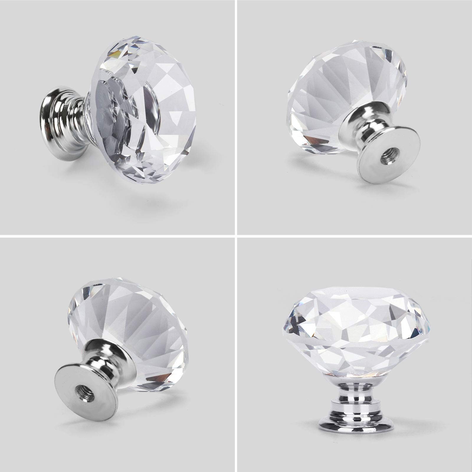 10 Pcs 30MM Kitchen Cabinet Knobs and Drawer Pulls – Silver Glass Crystal Kno…