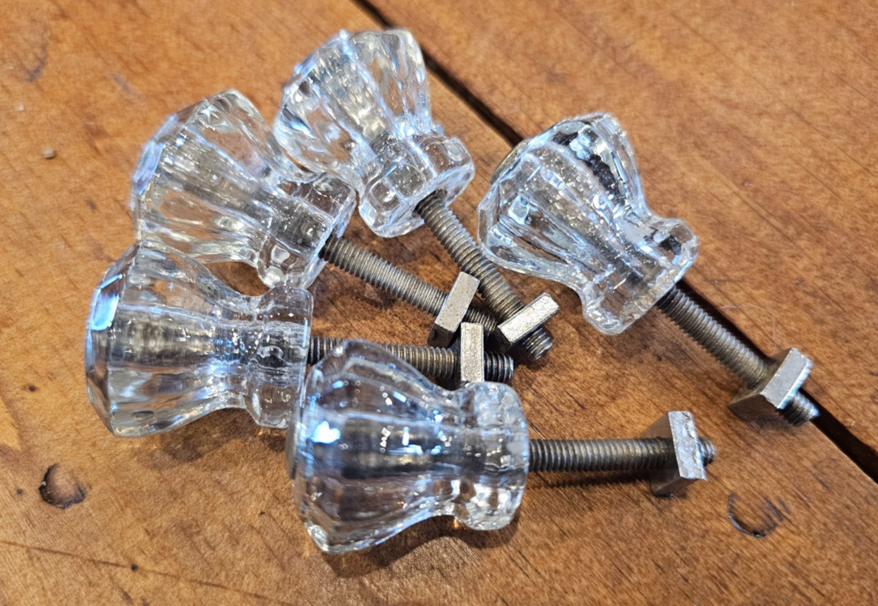 Vintage Clear Glass Cabinet Pulls Knobs Lot Of 5 Antique Hexagon