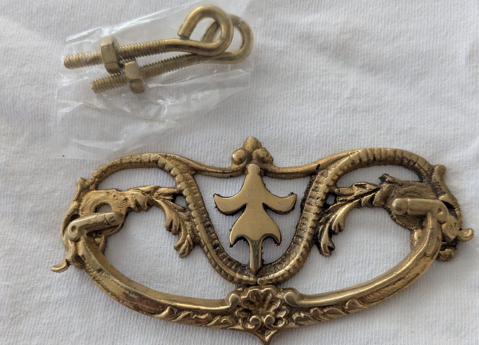 Drop Bail Drawer Pull Solid Brass w/hardware Ornate NOS 3″ center 4.5″wide 1.75T