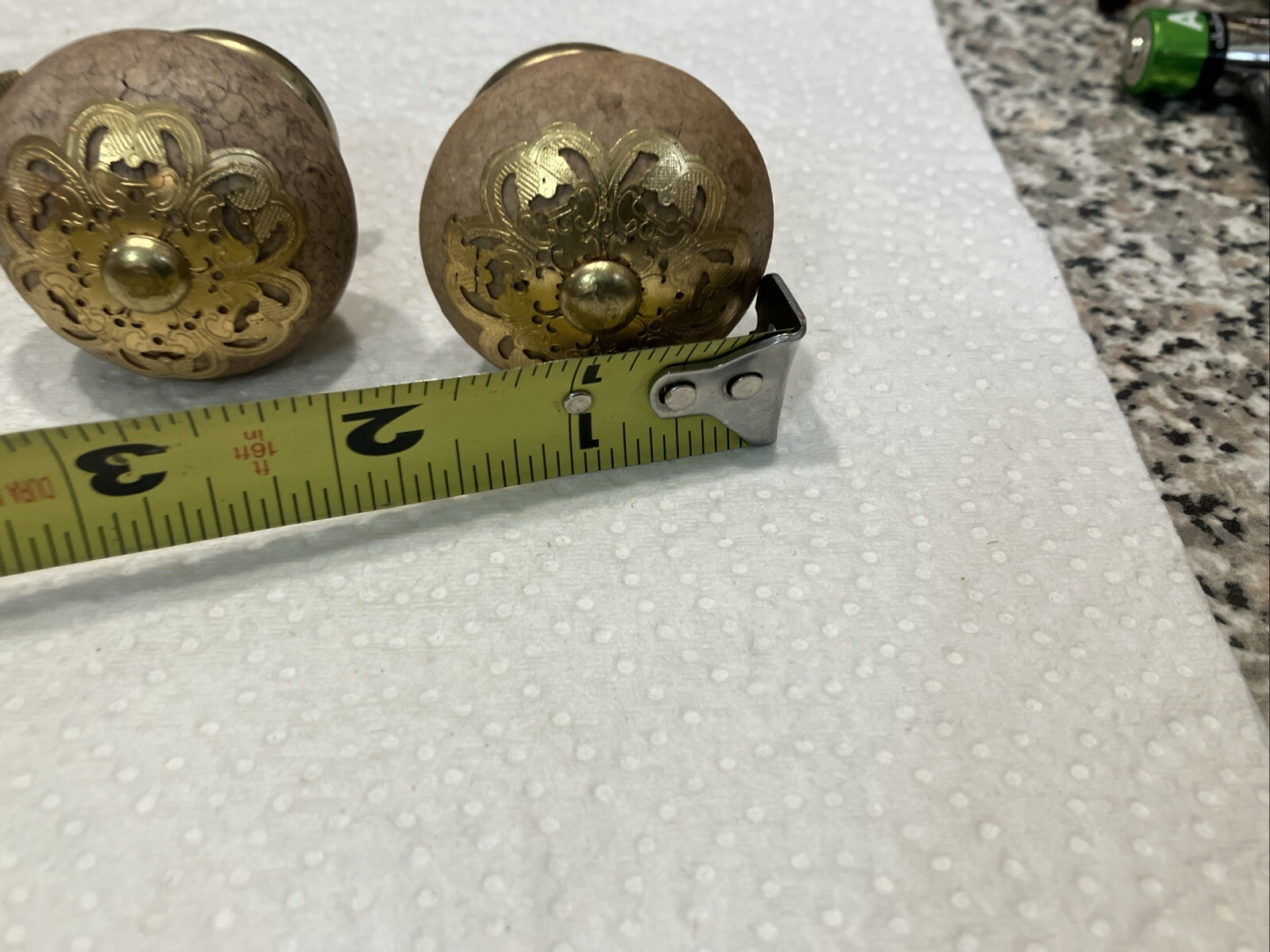 Set of 4 Vintage Fake Cork Porcelain Drawer Knobs With Floral Design brass