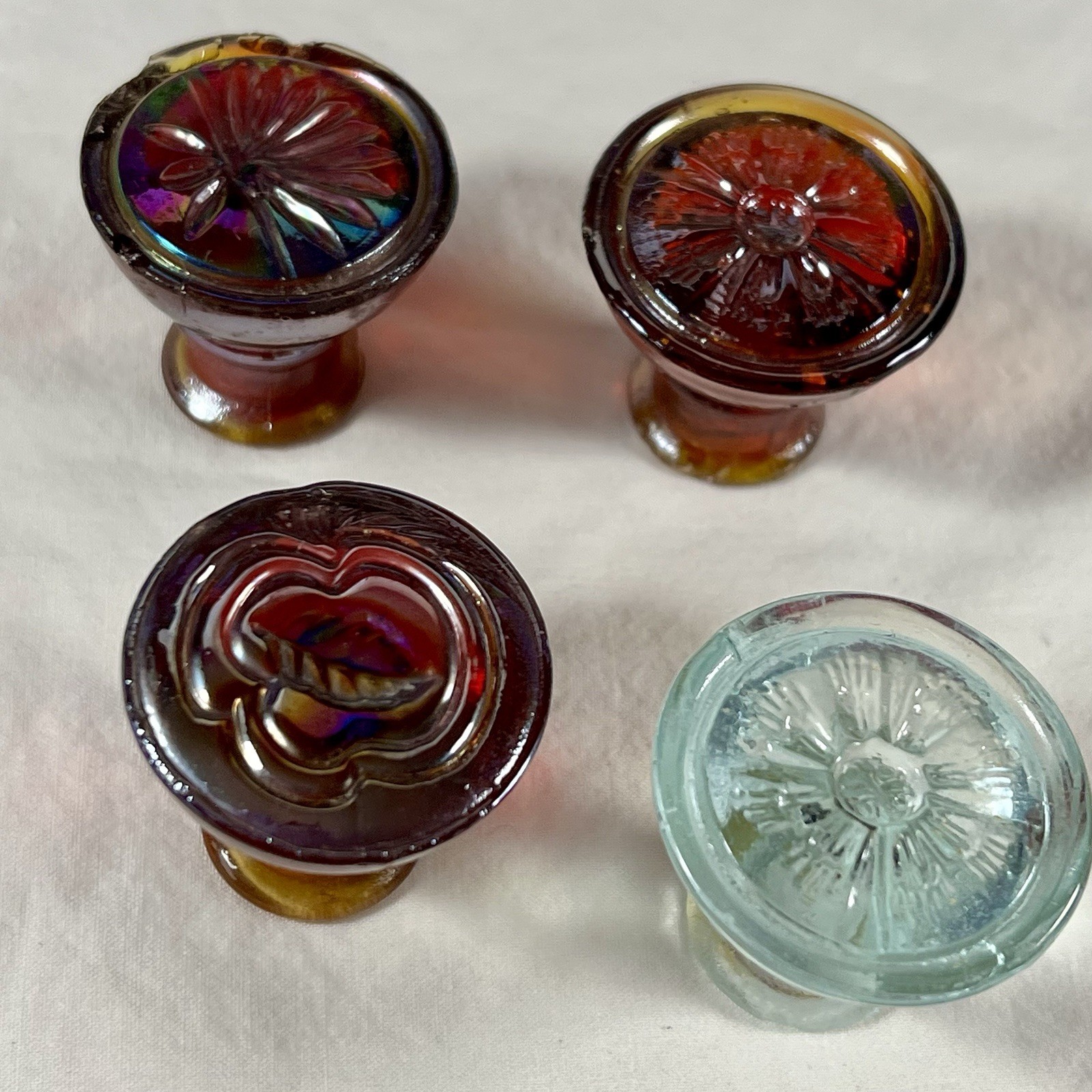 Vintage Glass Cabinet Knobs, 3 reddish Orange, One Greenish Clear,1 1/4 Inch