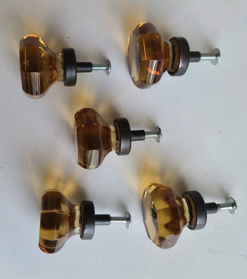 Lot Of 5 Vintage Amber Glass Cabinet/Drawer Knobs Octagon Crystal Dresser Pulls