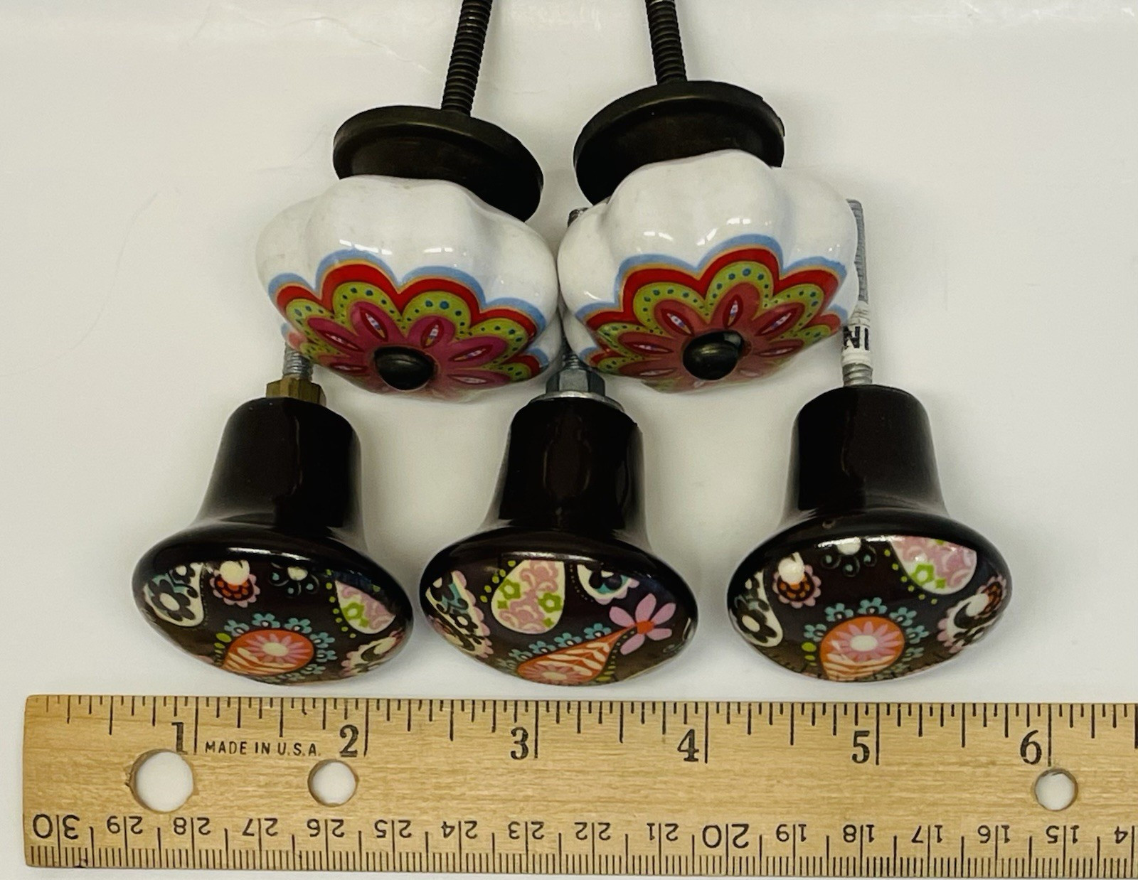 5 -Cabinet Knobs Floral Paisley Boho 1.5″ Single Mount Hand Painted Drawer Pulls