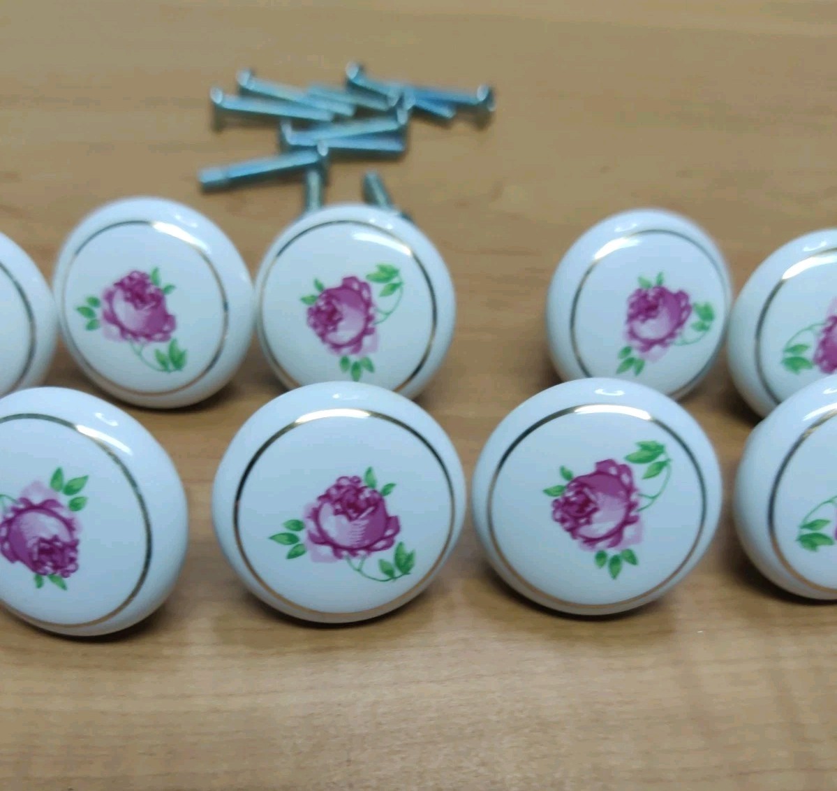 Porcelain Drawer Cabinet Pulls White Floral Roses SET of 10