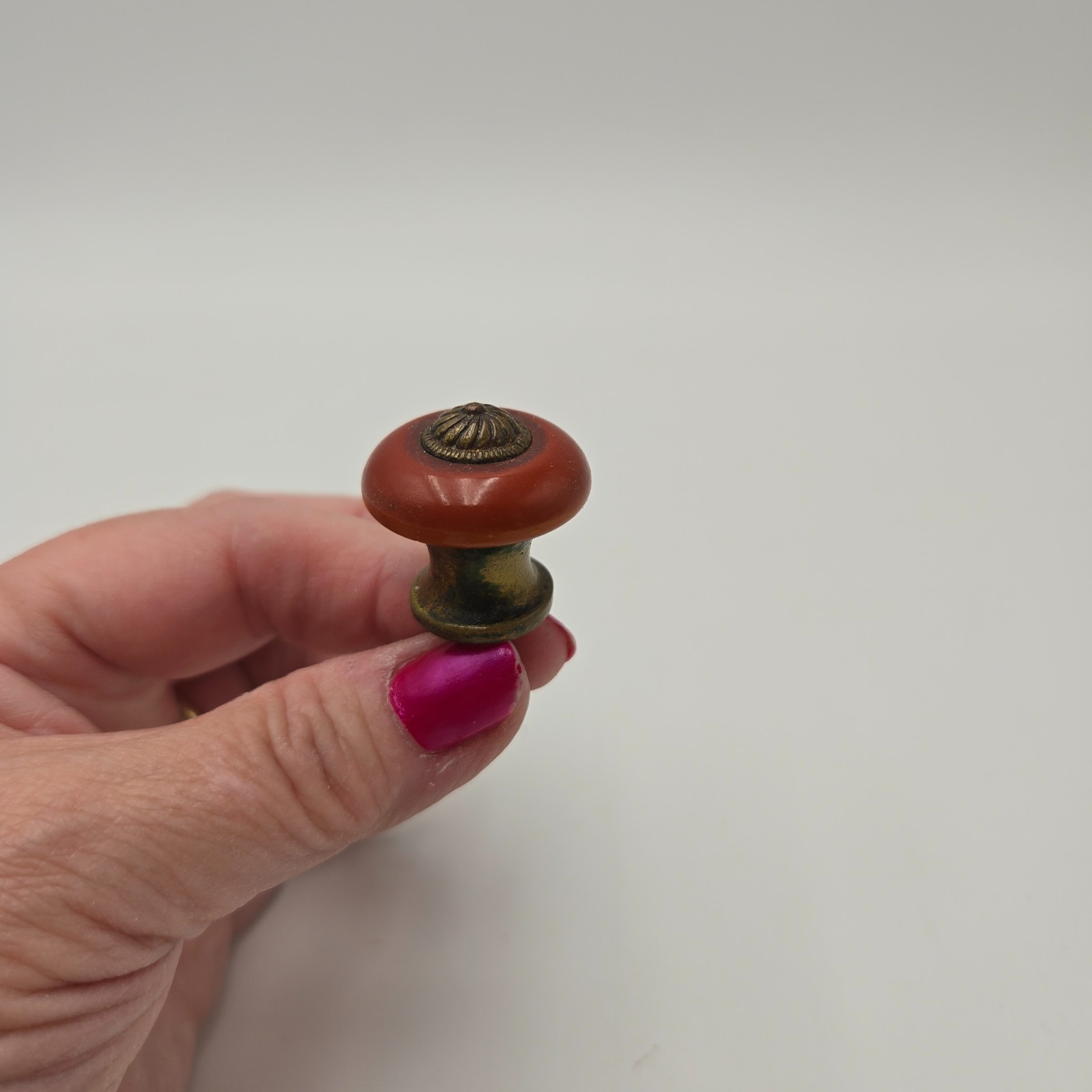 Set of 5 Vintage Red Bakelite and Brass Knobs for Furniture-Drawer Pulls
