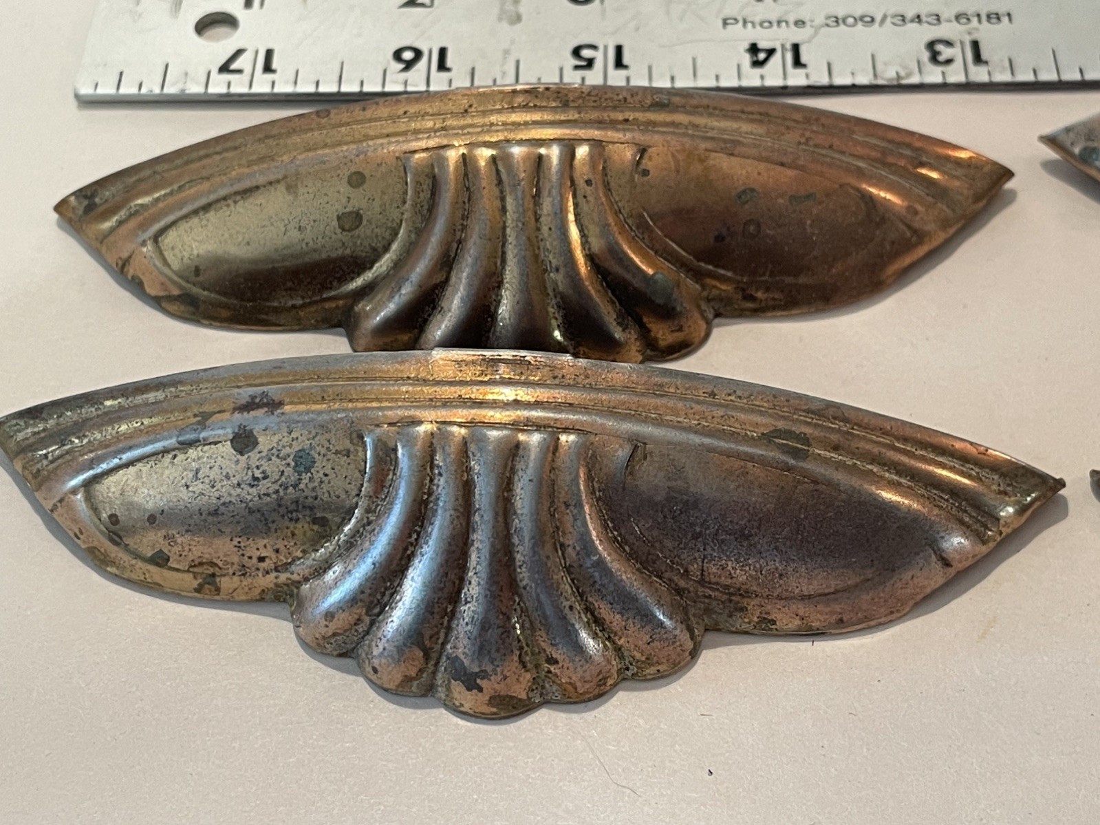Vintage Art Deco FOUR Drawer Pull Handles Gold Tone Stamped Steel 1925-1940