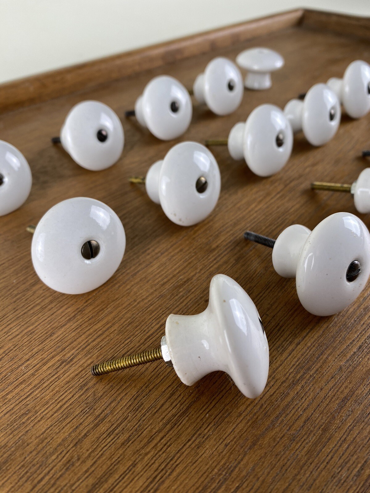 Vintage White Porcelain Mushroom Knobs Drawer Pulls w Brass Hardware Lot of 14+