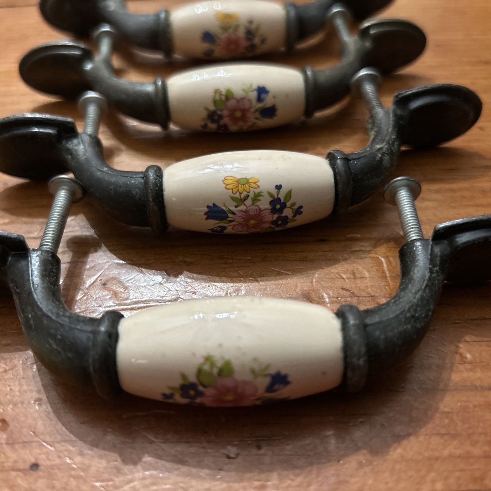 Lot of 4 Brass & Ceramic Floral Cabinet Dresser Drawer Pull Handle Knobs used