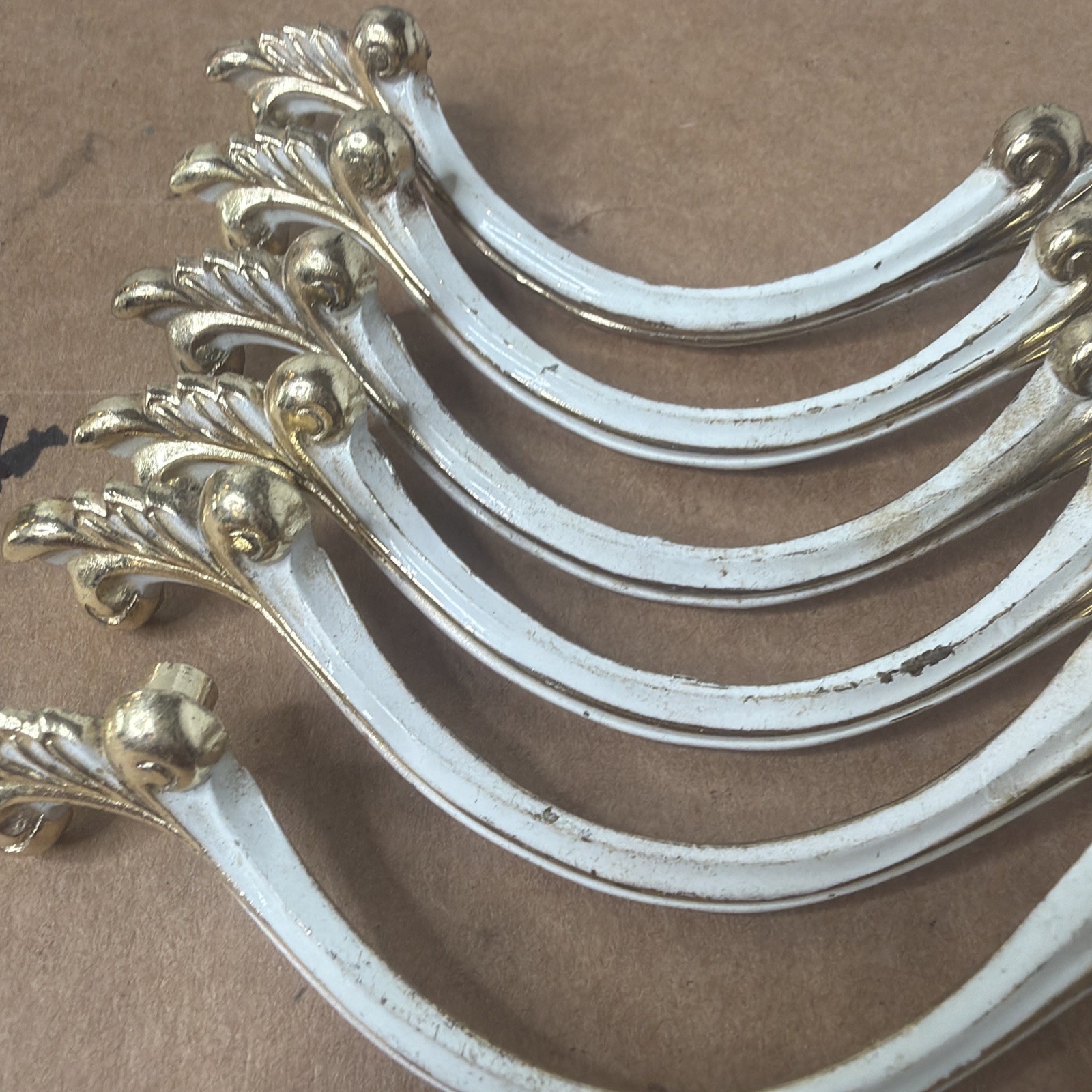 6 Vintage JB French Provincial MCM Antique Brass w/ White Drawer Pulls