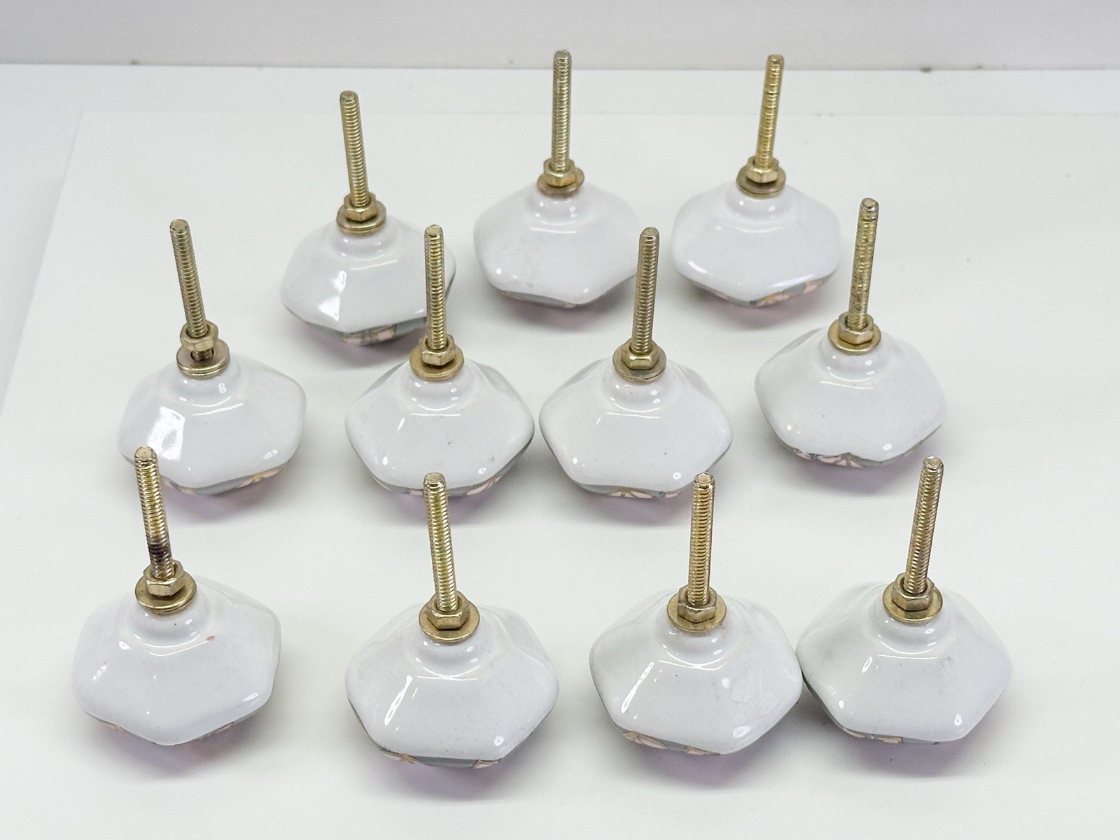 (11) Vintage Pink Grey Gold Geometric Nouveau Drawer Pulls Girly 1.5” Shaft Cute