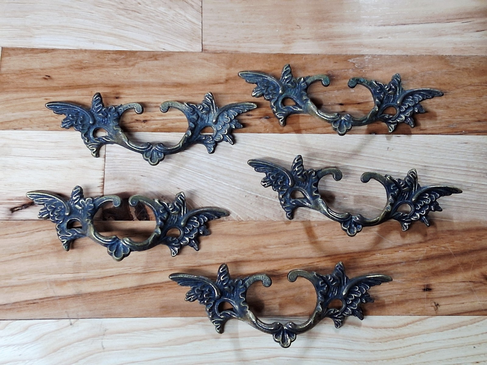 Lot Of 5 Vintage Small Ornate German Brass Drawer Pulls