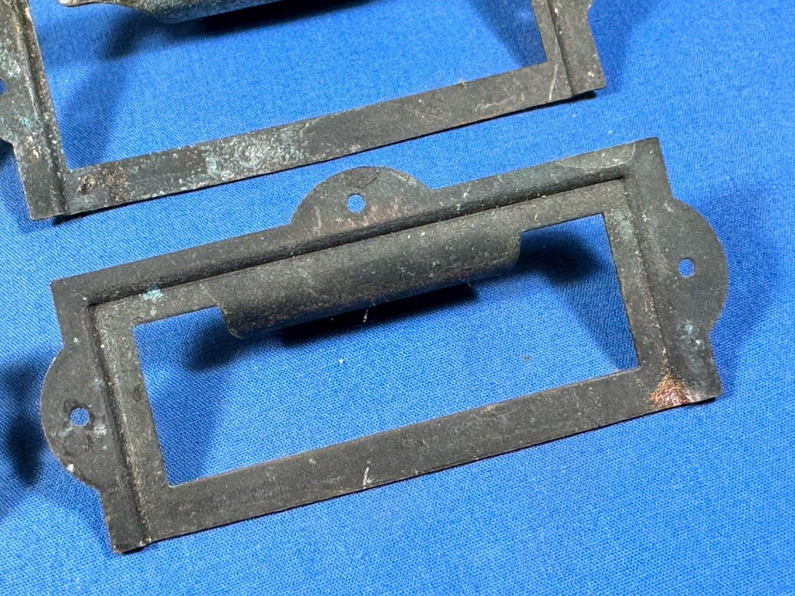 Vintage Japanned Drawer Pulls & Label Holder Plate Library , Apothecary Cabinet