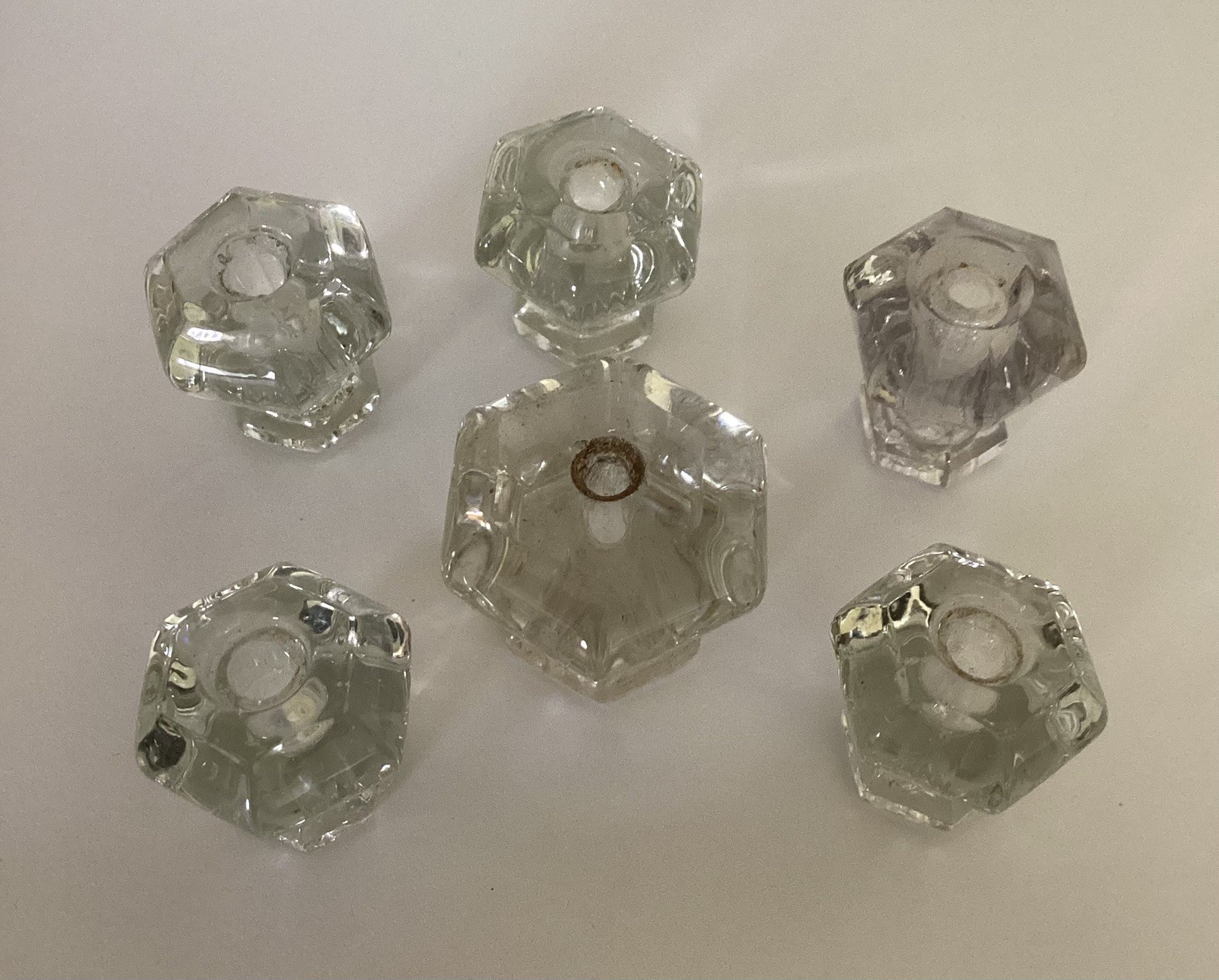 6 Vintage Depression Style 2 Size Hexagon Clear Glass Drawer/ Cabinet Knob Pulls